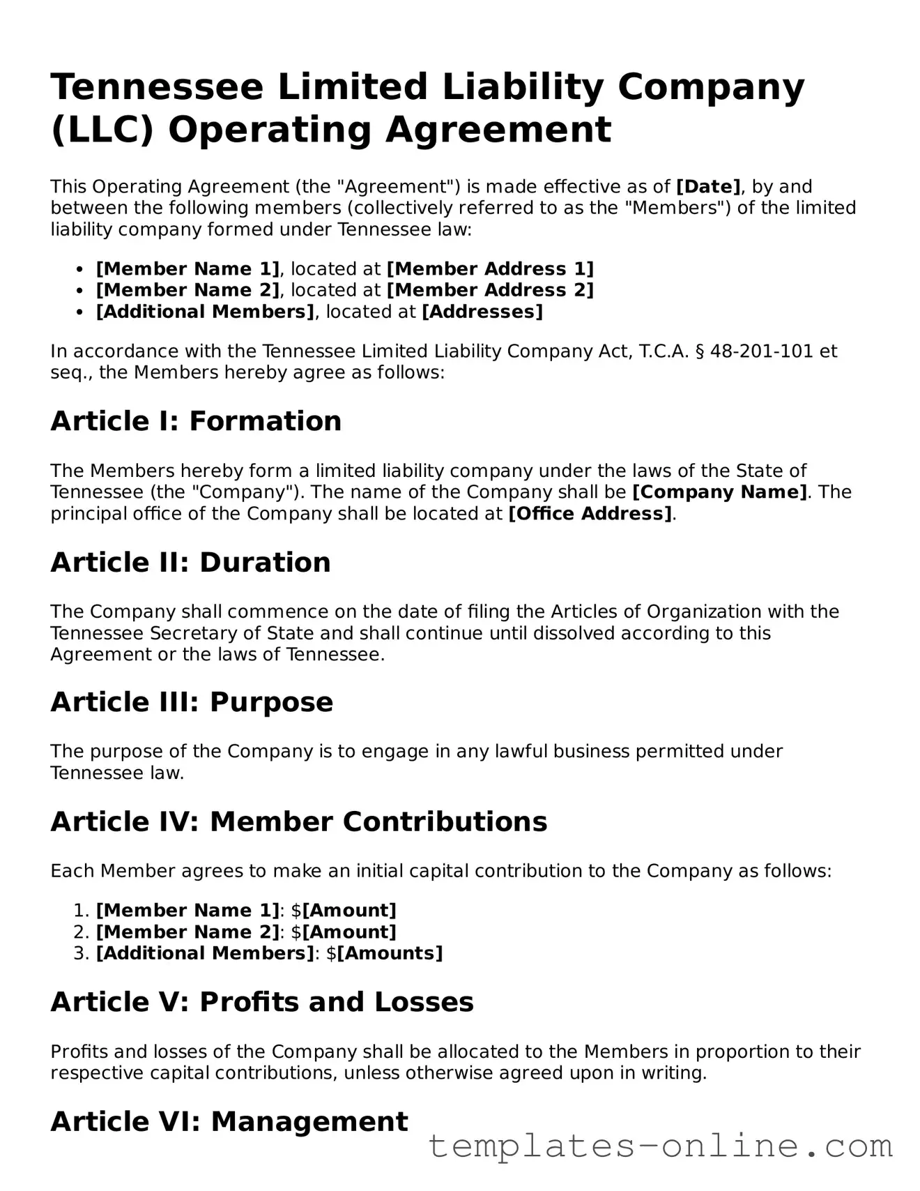 Valid  Operating Agreement Template for Tennessee