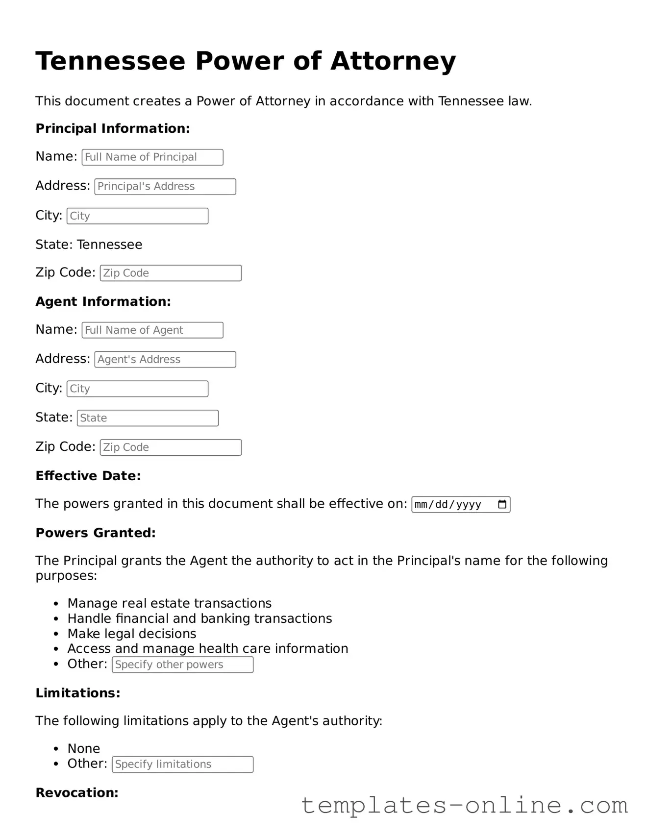 Valid  Power of Attorney Template for Tennessee