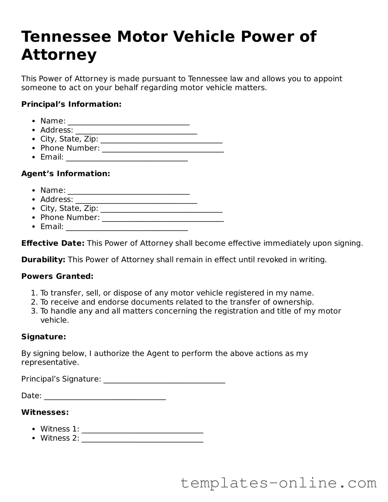 Valid  Motor Vehicle Power of Attorney Template for Tennessee