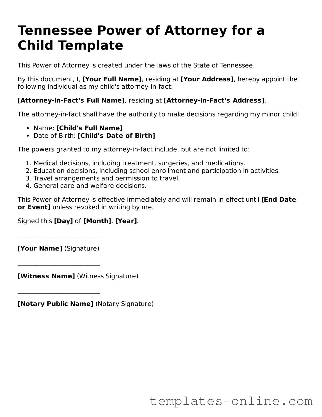 Valid  Power of Attorney for a Child Template for Tennessee