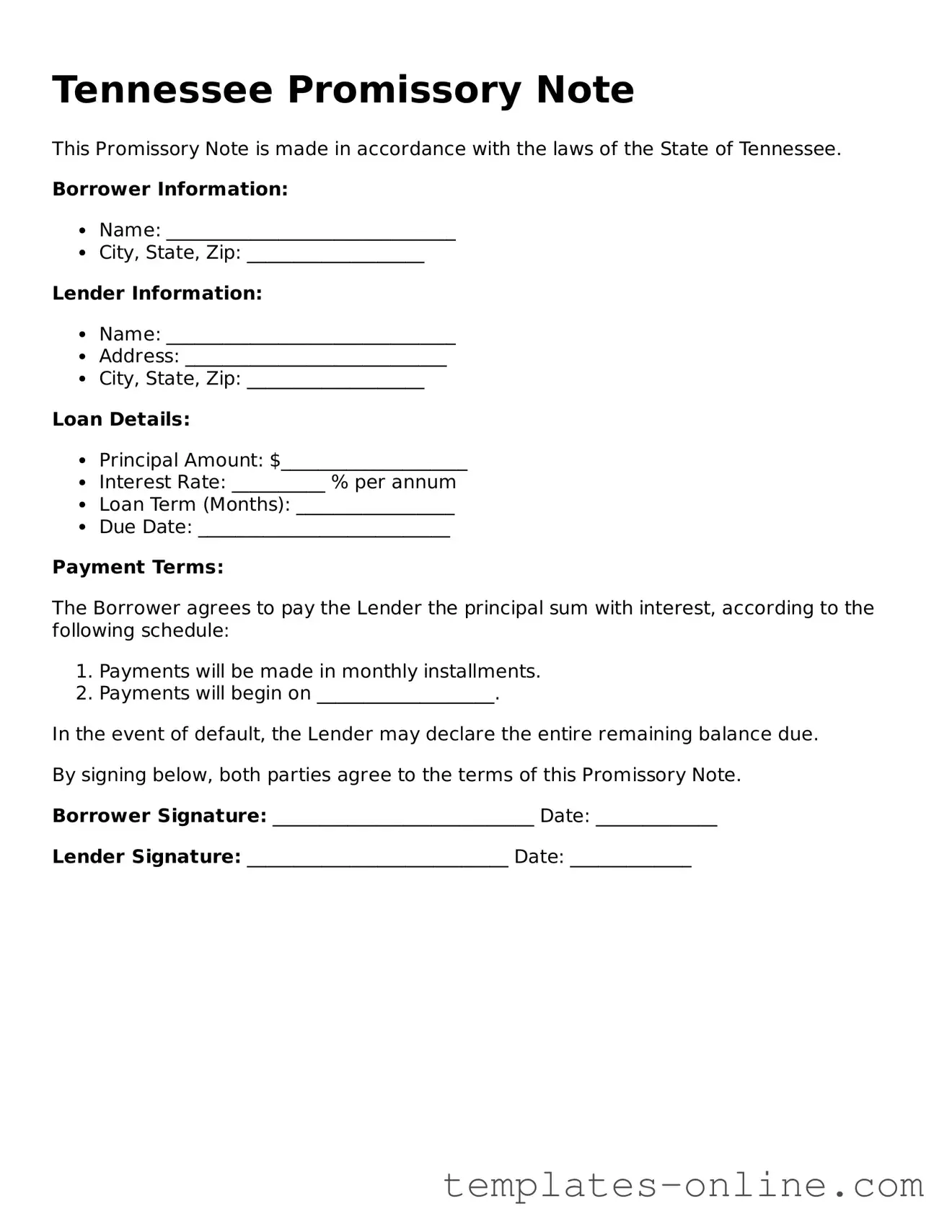 Valid  Promissory Note Template for Tennessee