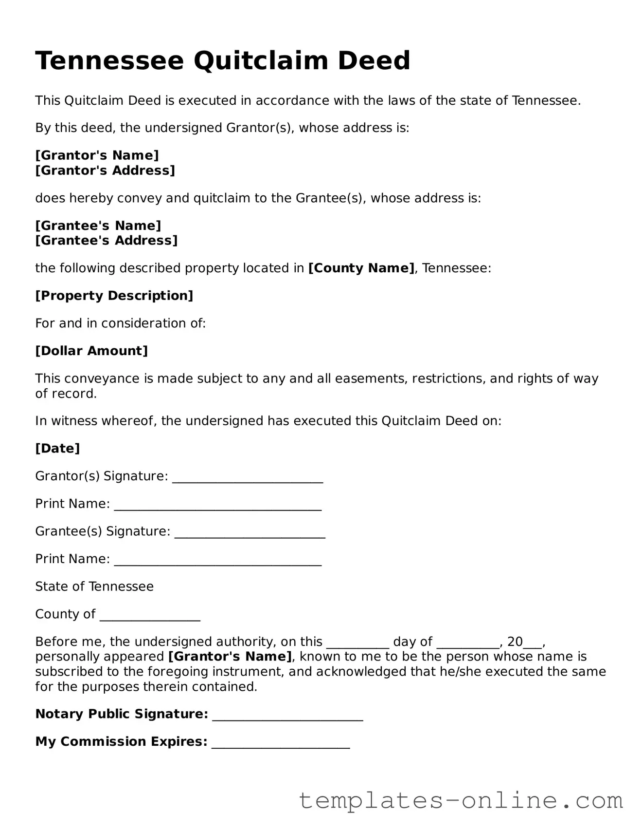 Valid  Quitclaim Deed Template for Tennessee