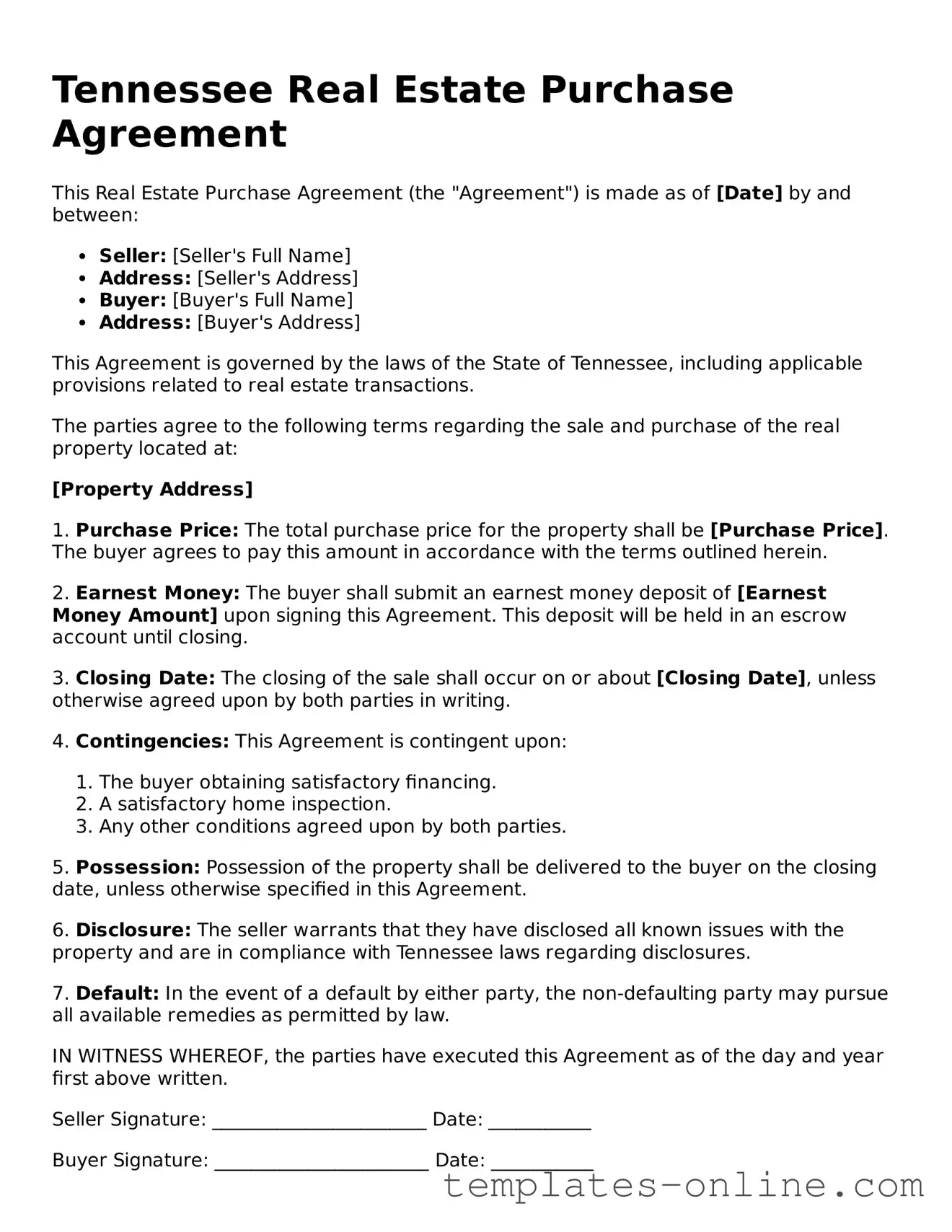 Valid  Real Estate Purchase Agreement Template for Tennessee