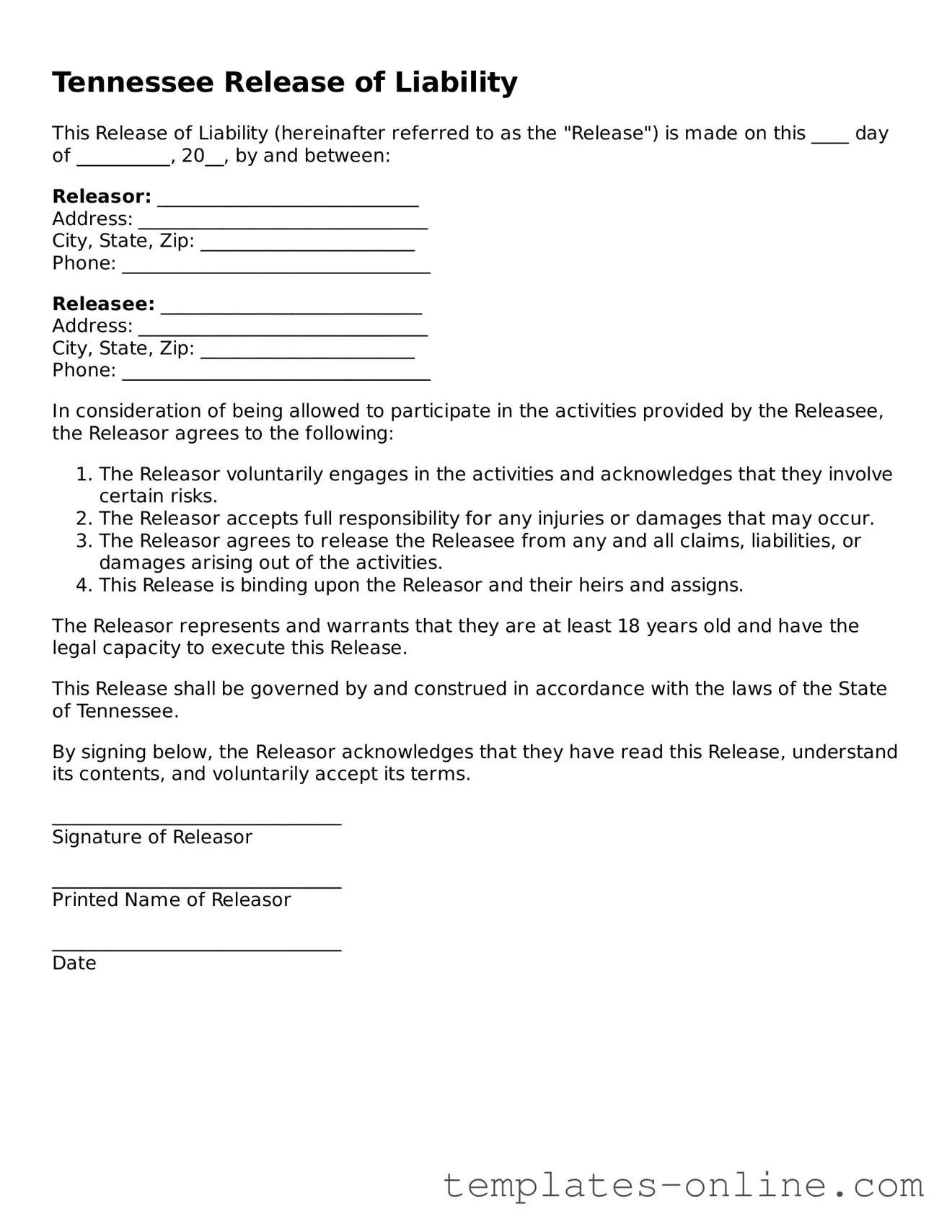 Valid  Release of Liability Template for Tennessee