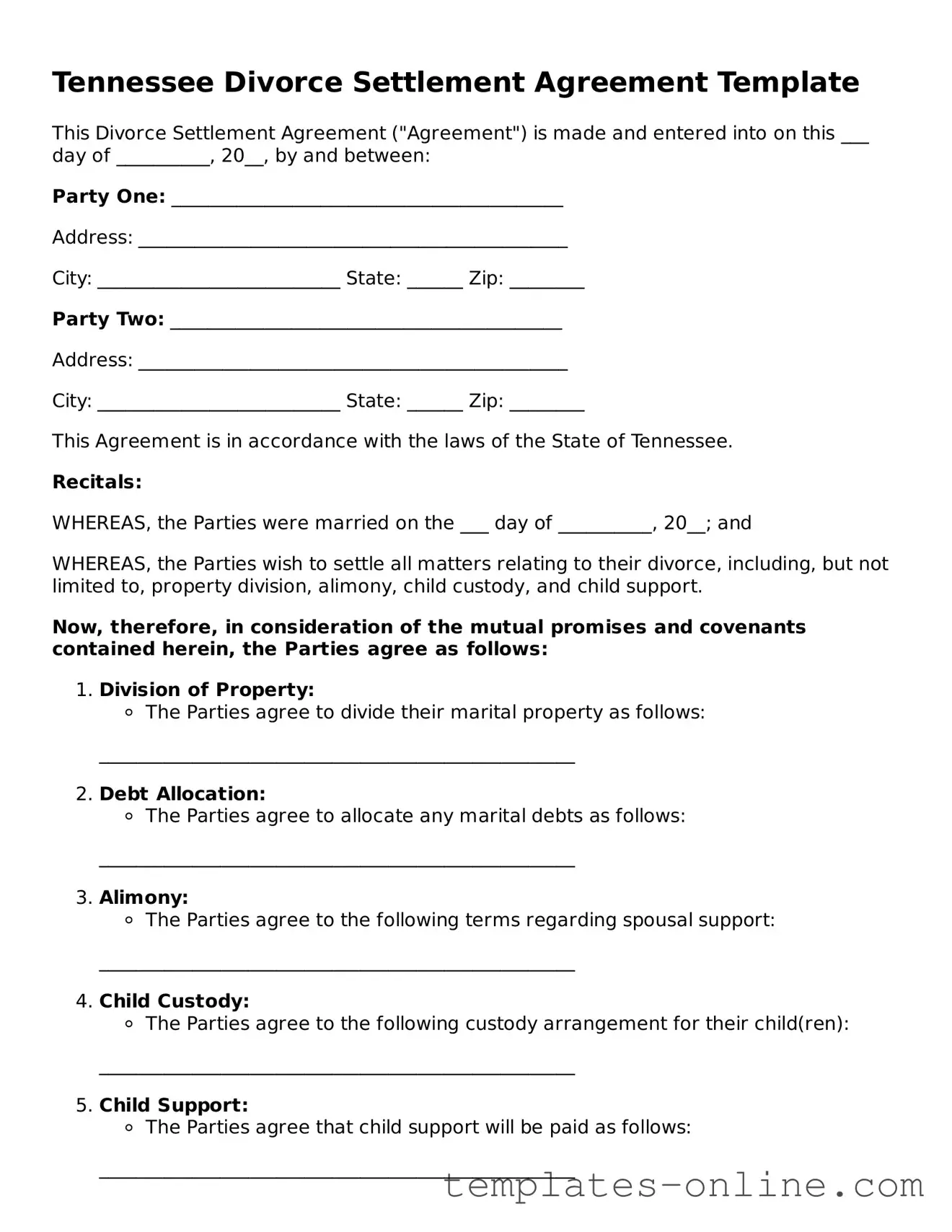 Valid  Divorce Settlement Agreement Template for Tennessee