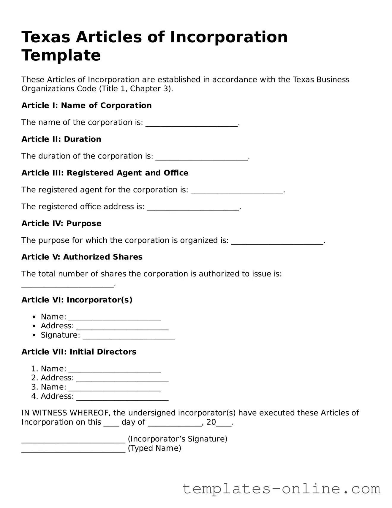 Valid  Articles of Incorporation Template for Texas