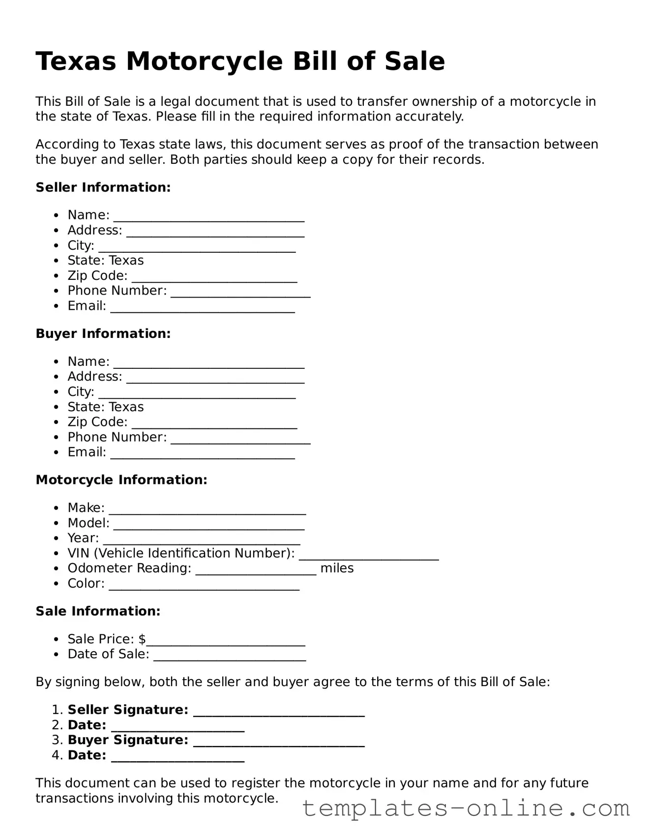 Valid  Motorcycle Bill of Sale Template for Texas