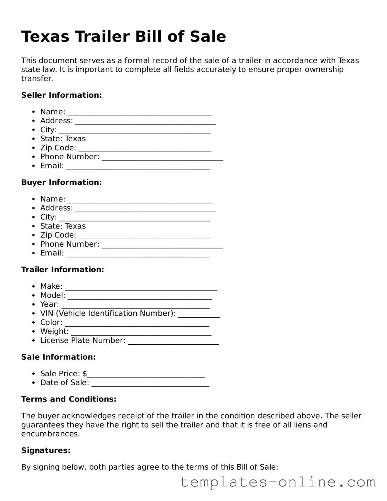 Valid  Trailer Bill of Sale Template for Texas