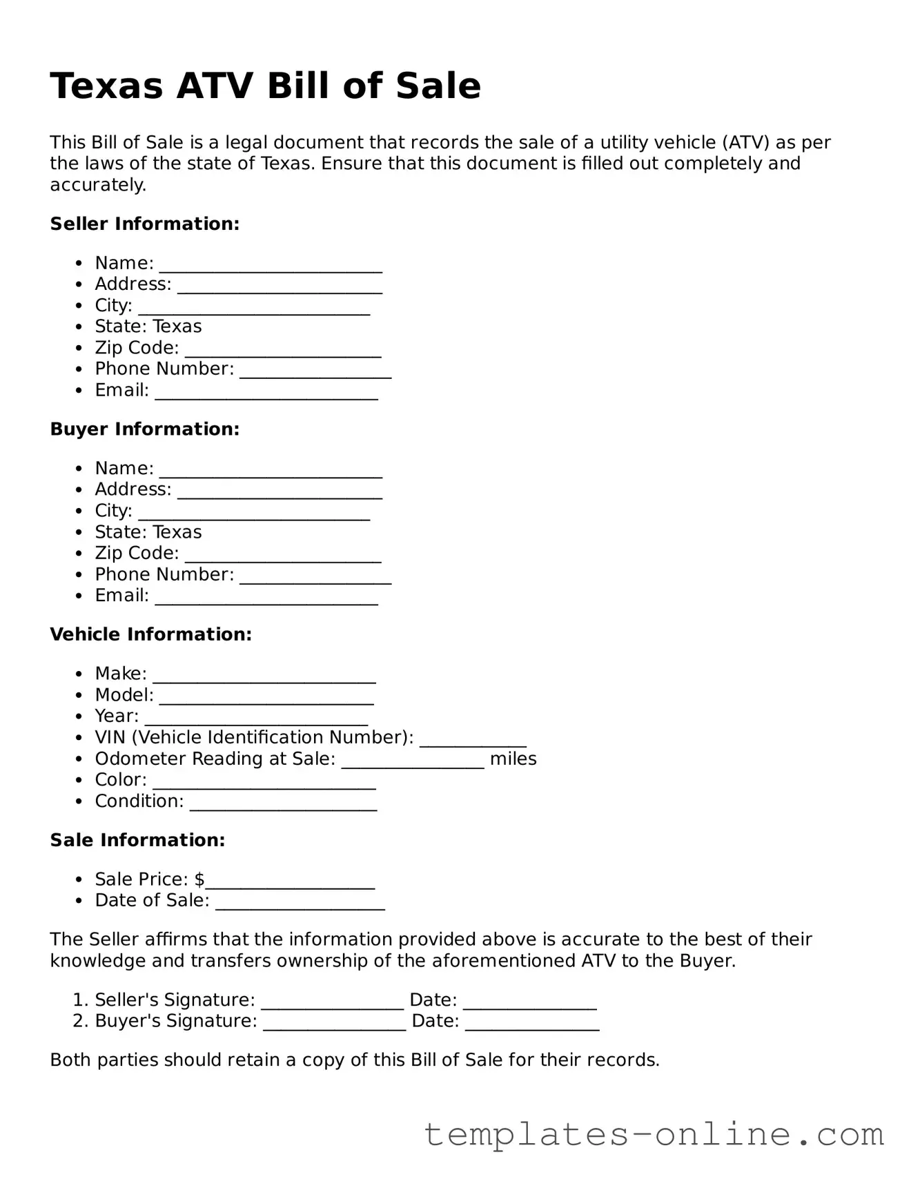 Valid  ATV Bill of Sale Template for Texas