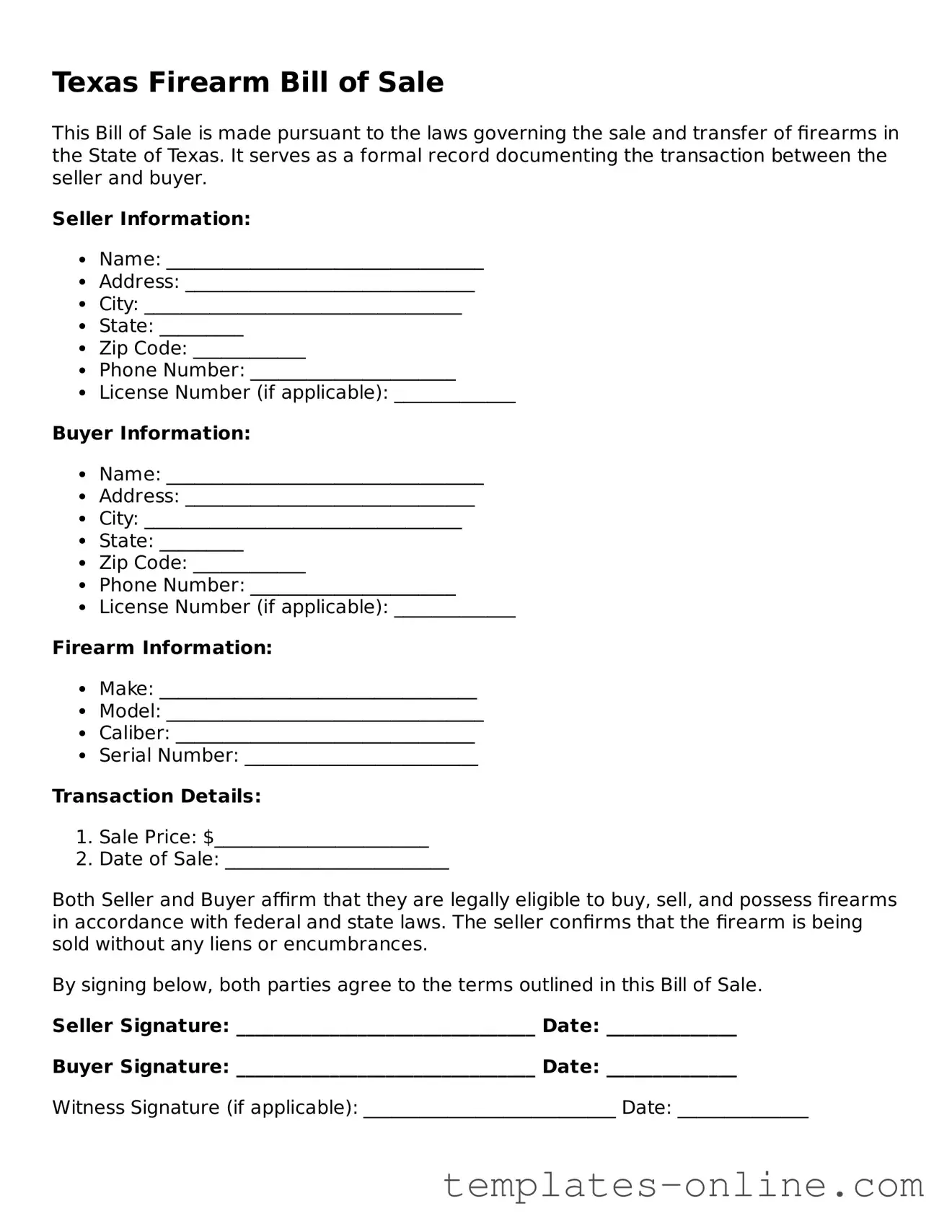 Valid  Firearm Bill of Sale Template for Texas