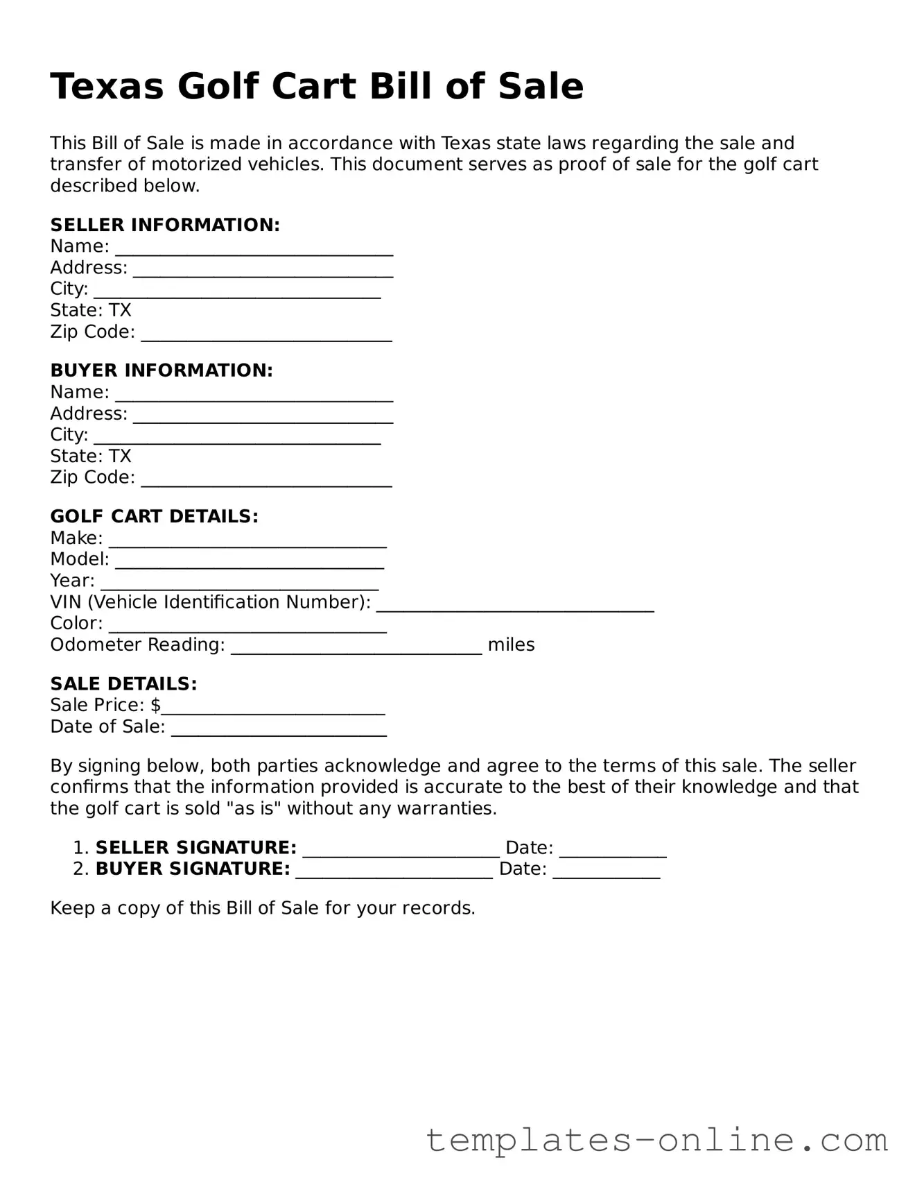 Valid  Golf Cart Bill of Sale Template for Texas