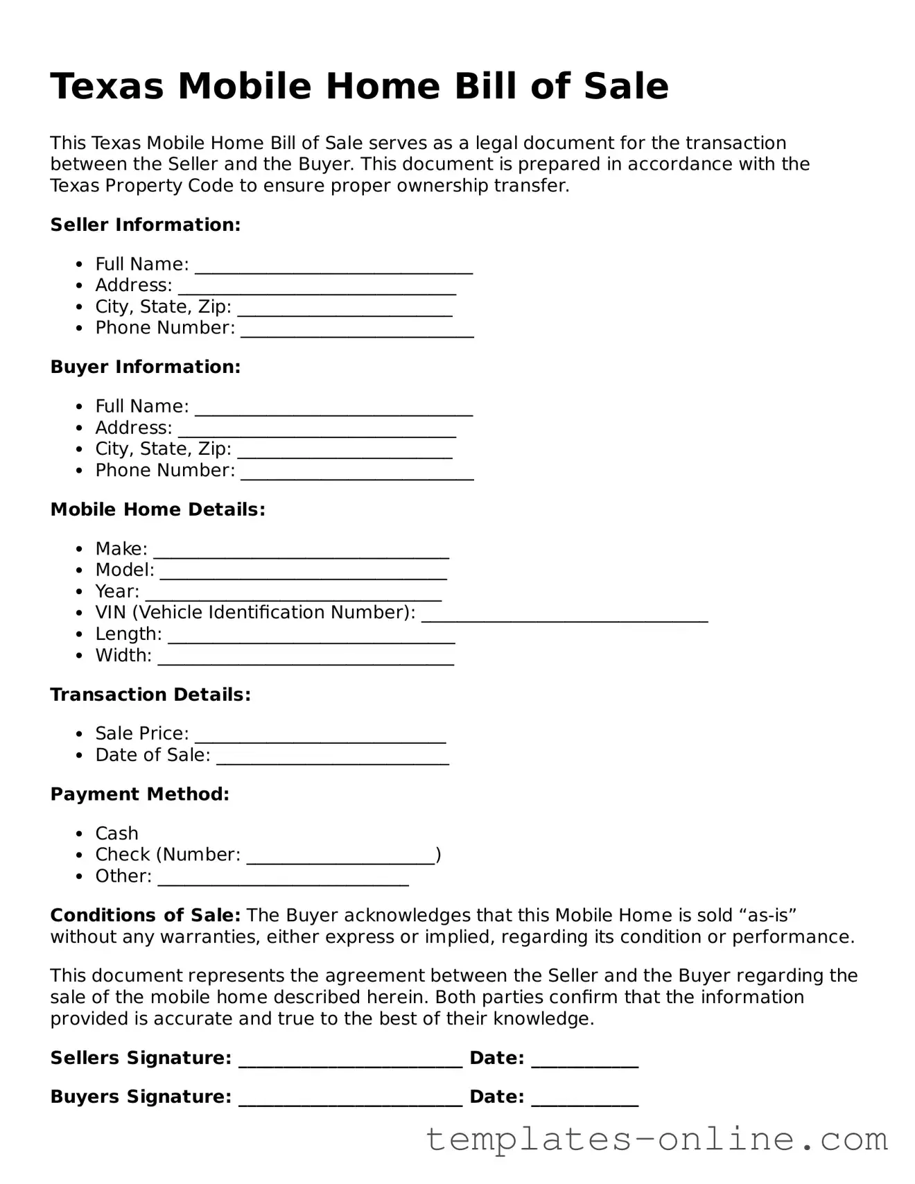 Valid  Mobile Home Bill of Sale Template for Texas