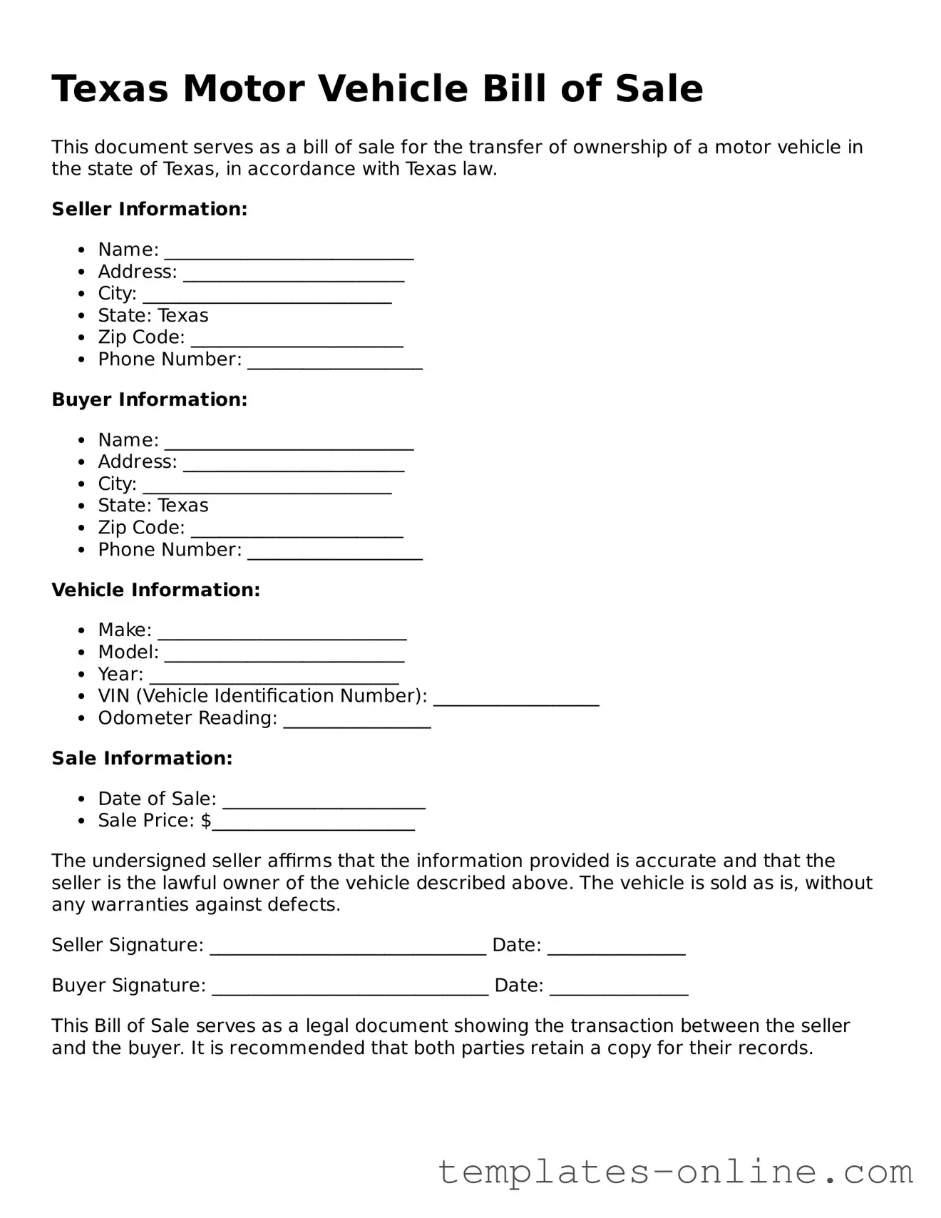 Valid  Motor Vehicle Bill of Sale Template for Texas