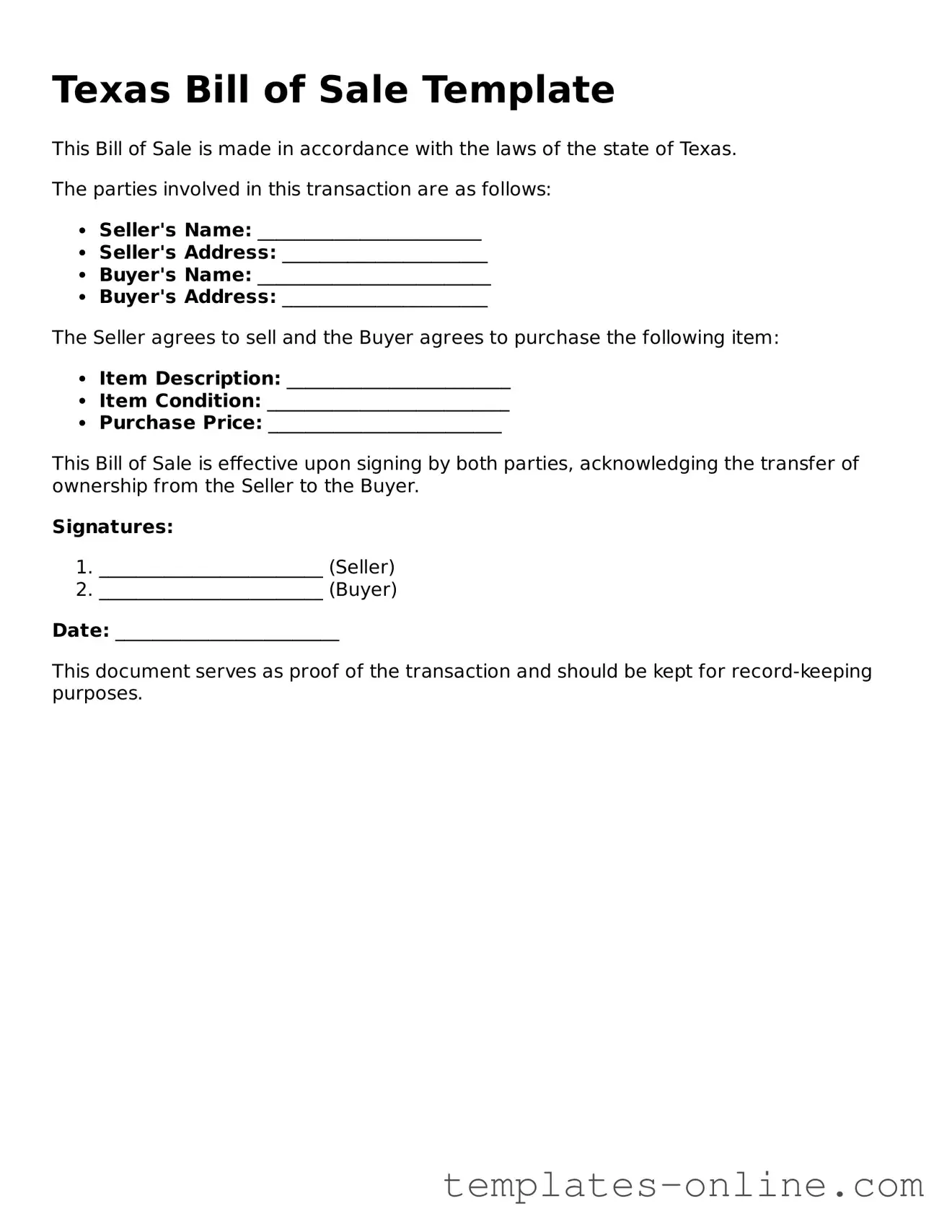 Valid  Bill of Sale Template for Texas