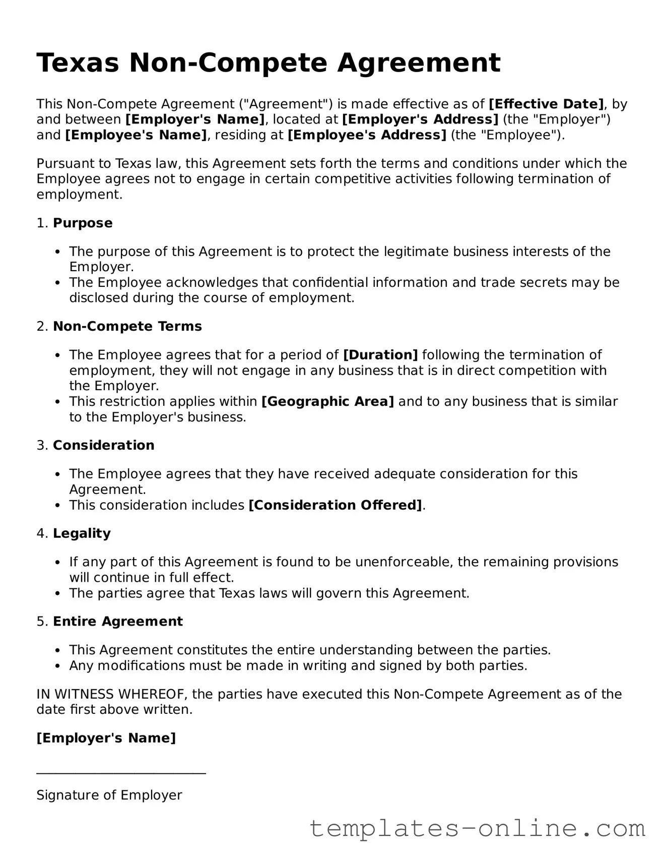 Valid  Non-compete Agreement Template for Texas