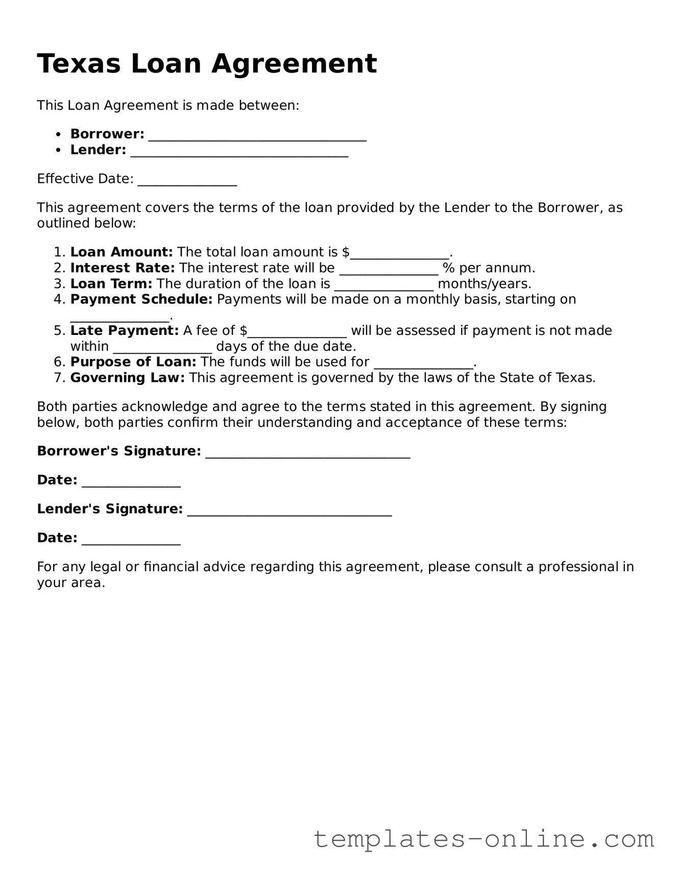 Valid  Loan Agreement Template for Texas