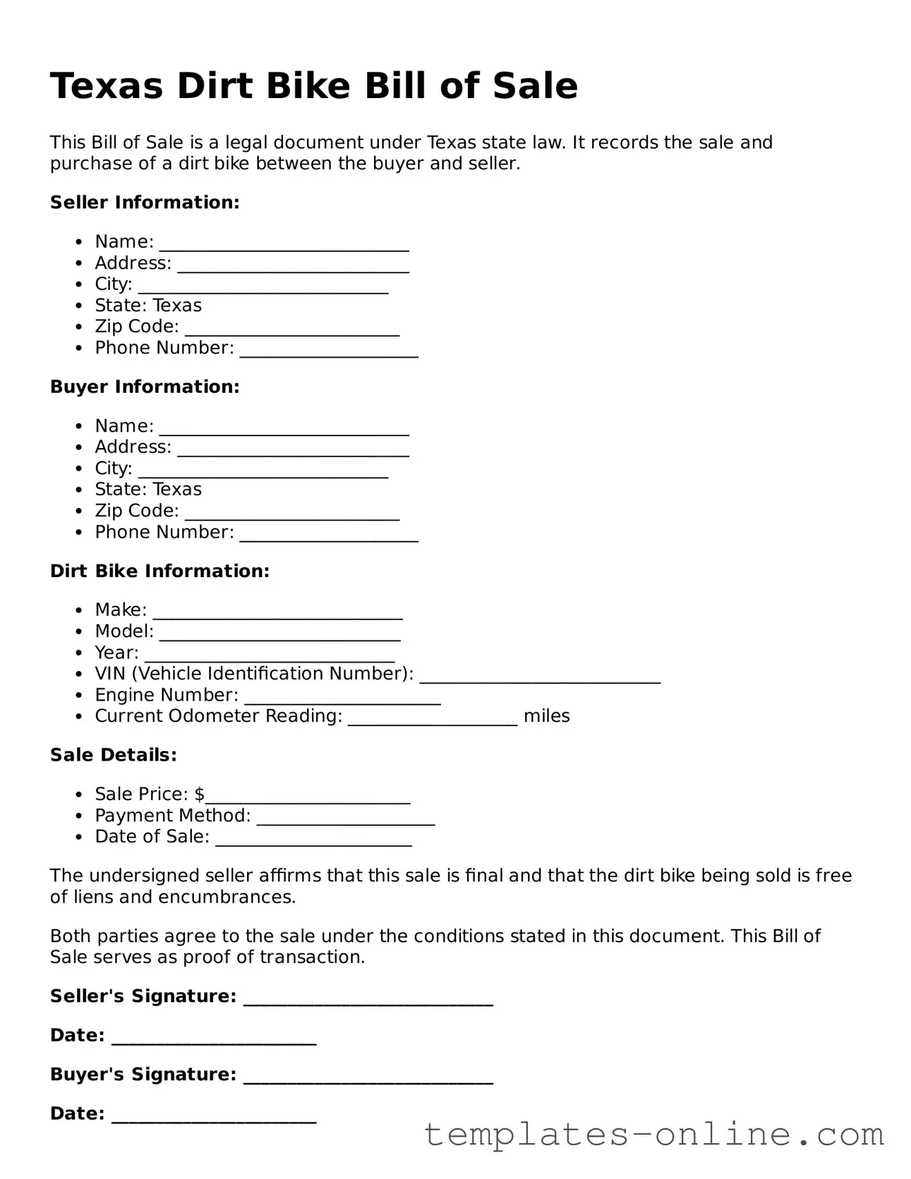 Valid  Dirt Bike Bill of Sale Template for Texas