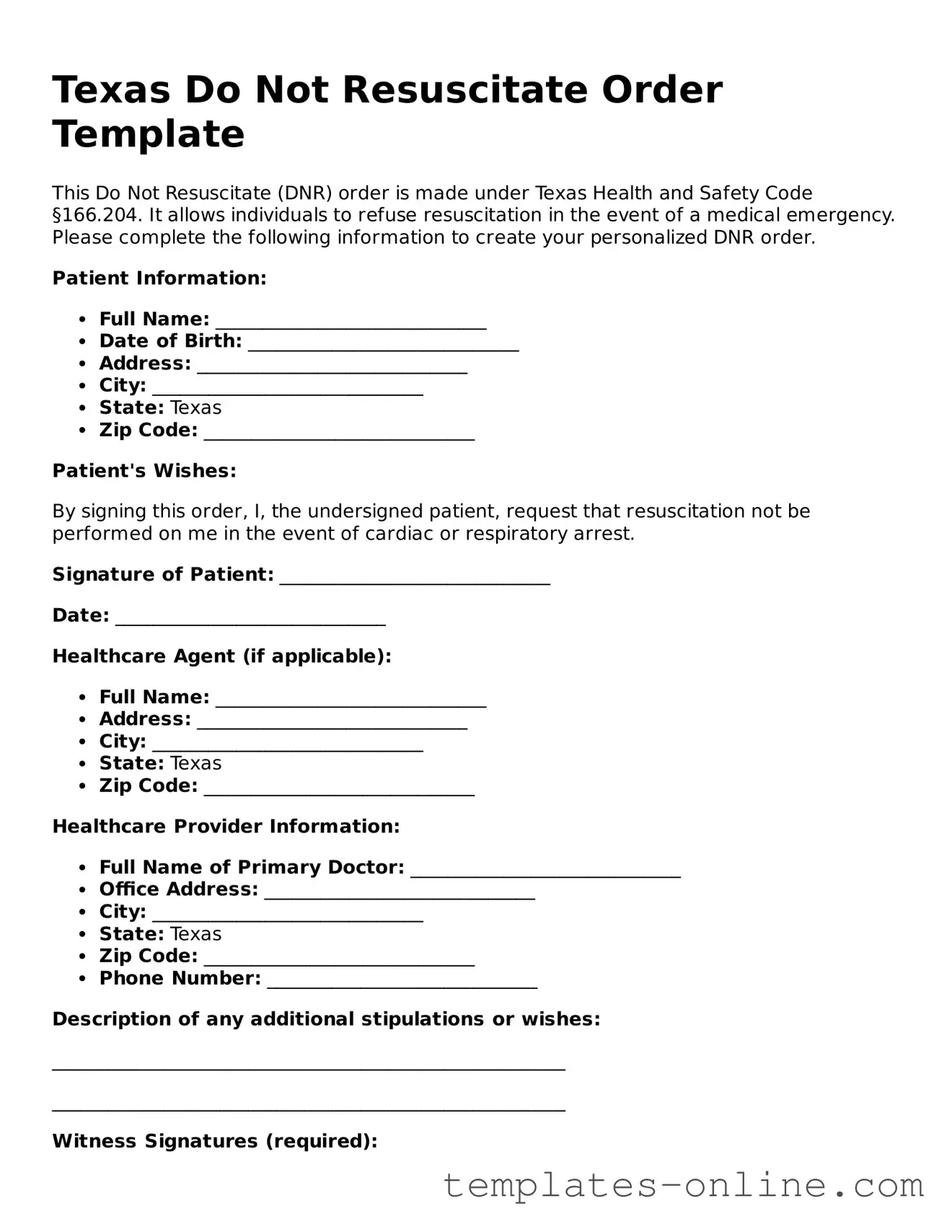 Valid  Do Not Resuscitate Order Template for Texas