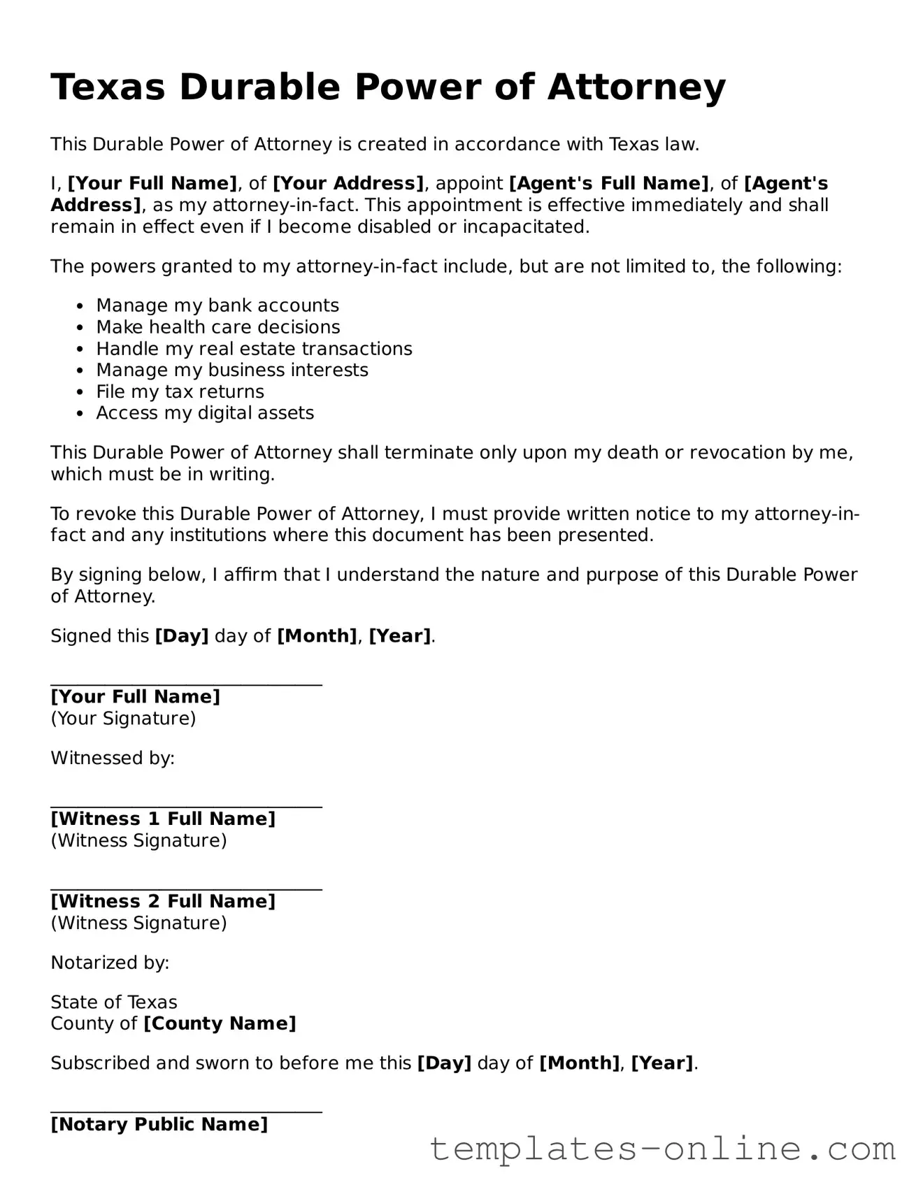 Valid  Durable Power of Attorney Template for Texas
