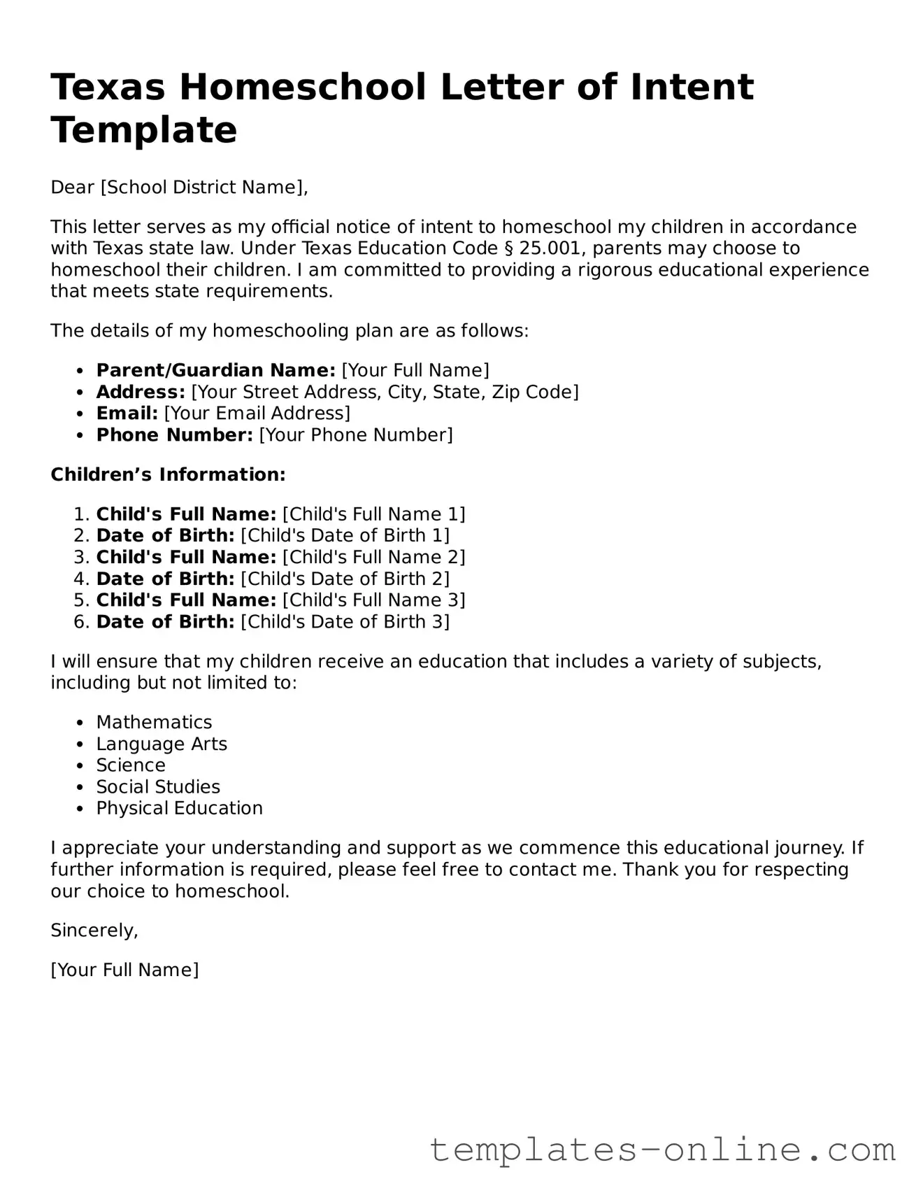 Valid  Homeschool Letter of Intent Template for Texas