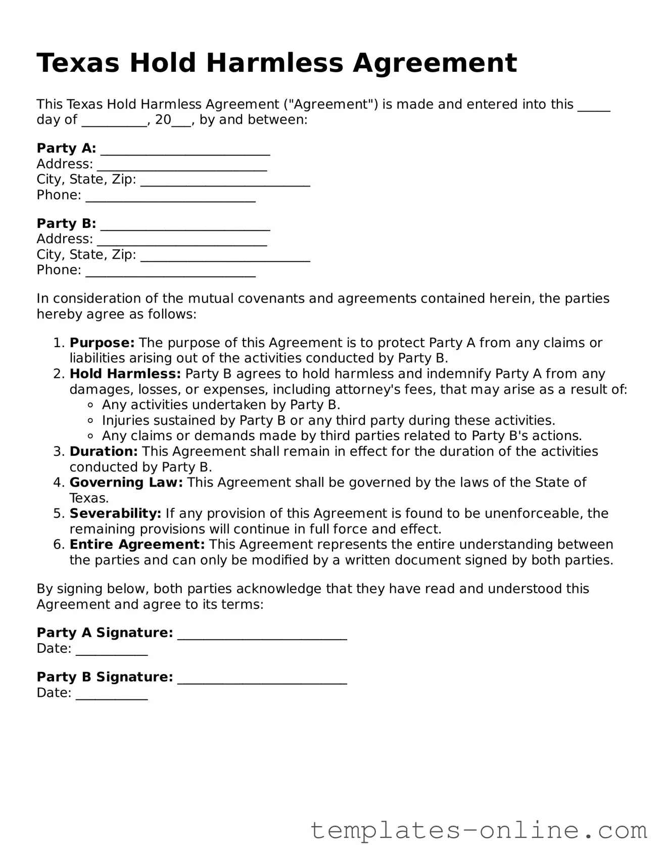 Valid  Hold Harmless Agreement Template for Texas