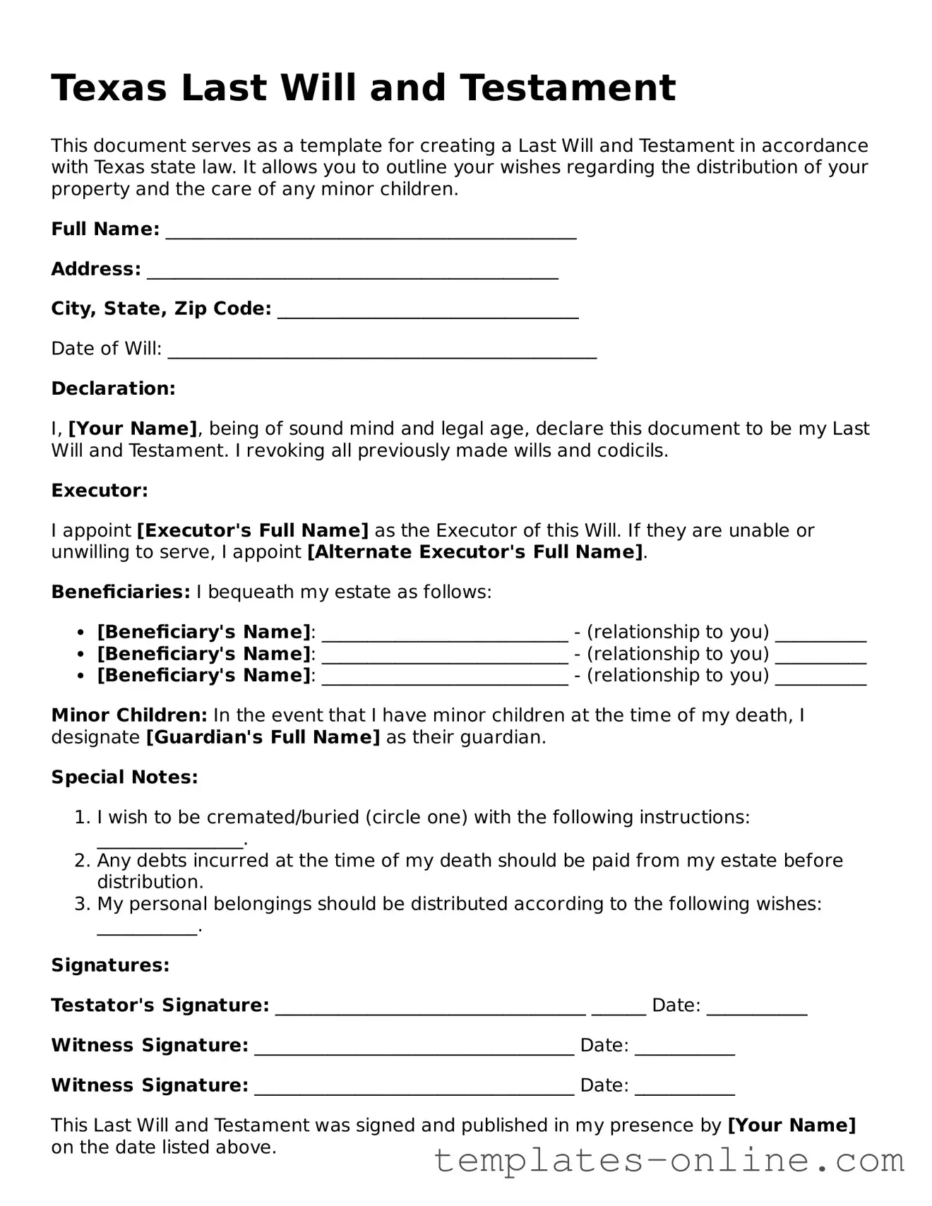 Valid  Last Will and Testament Template for Texas