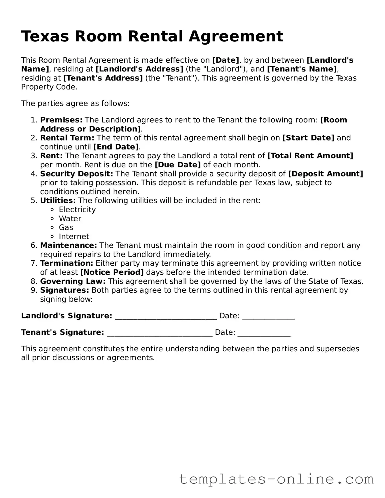Valid  Room Rental Agreement Template for Texas