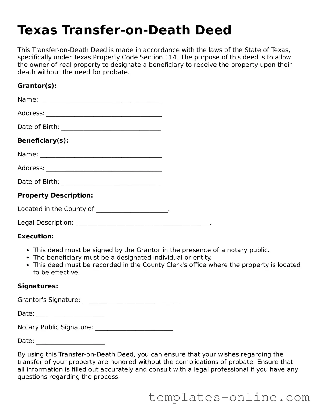 Valid  Transfer-on-Death Deed Template for Texas
