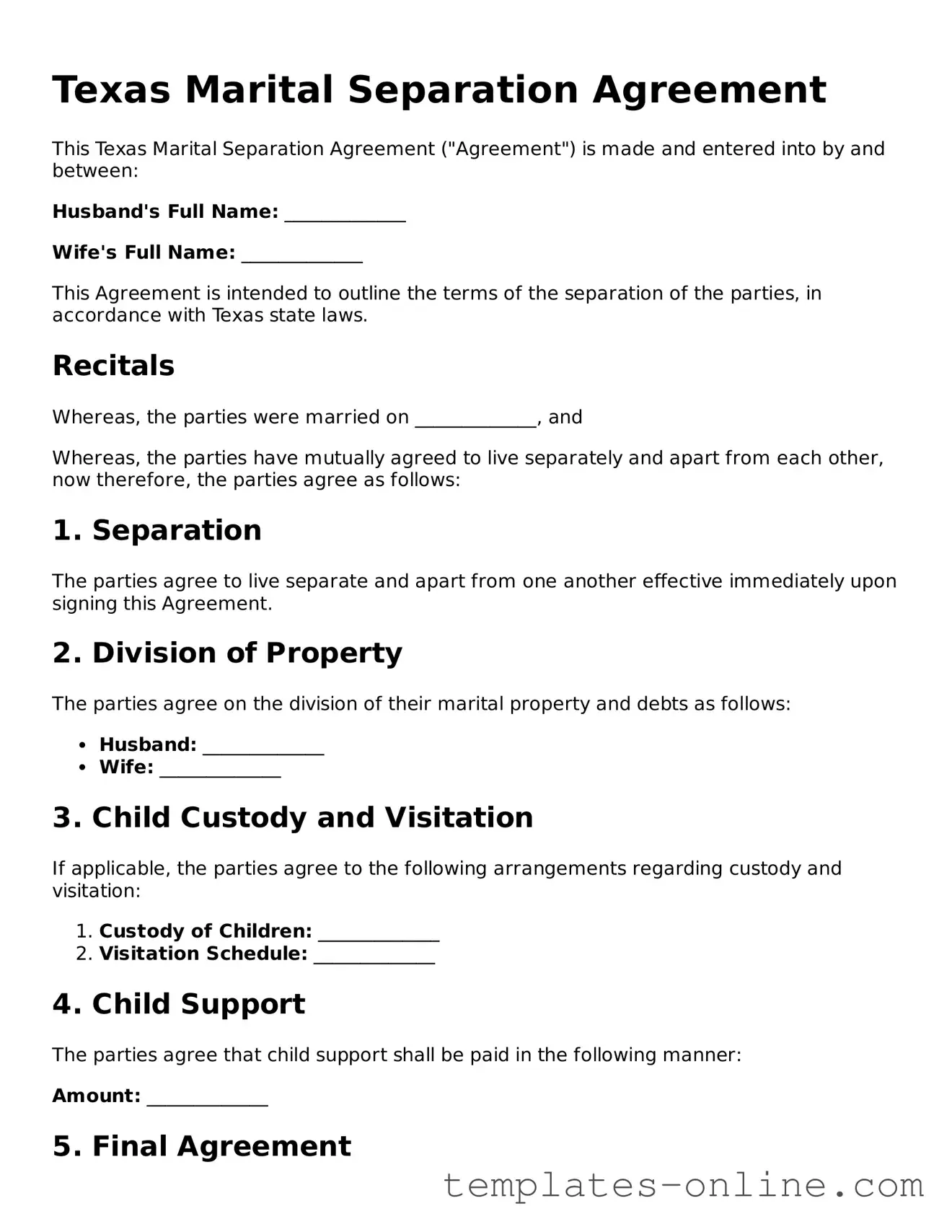 Valid  Marital Separation Agreement Template for Texas