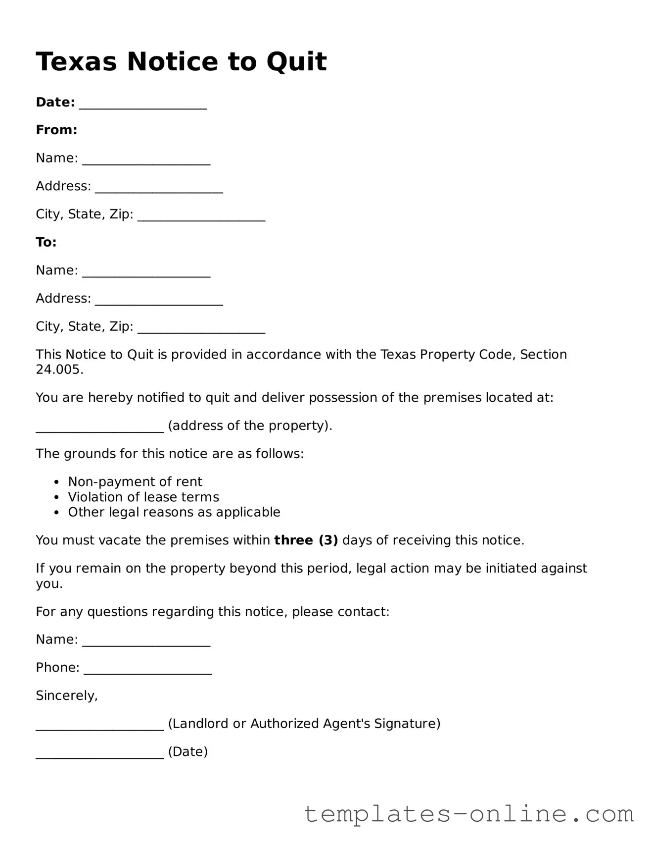 Valid  Notice to Quit Template for Texas