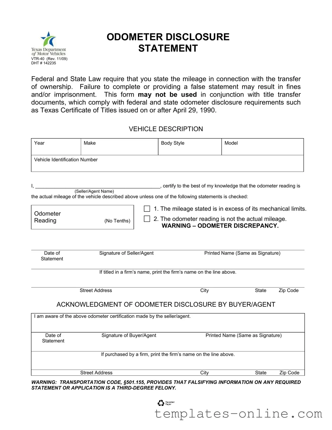 Texas Odometer Statement Template