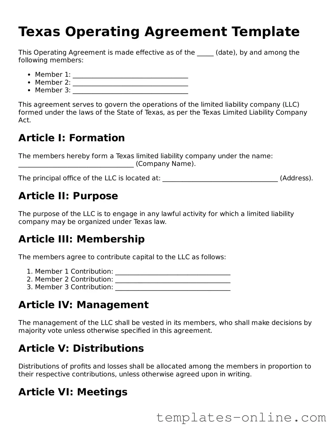 Valid  Operating Agreement Template for Texas