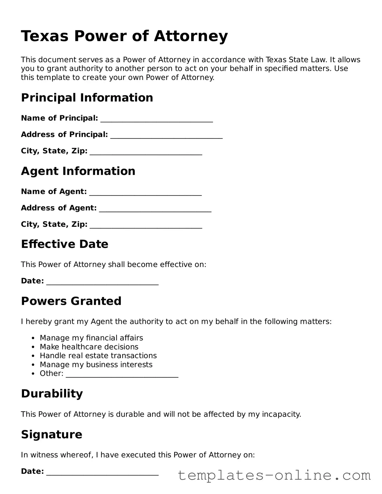 Valid  Power of Attorney Template for Texas