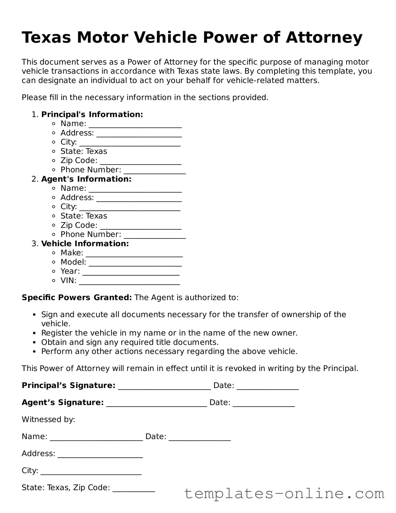 Valid  Motor Vehicle Power of Attorney Template for Texas