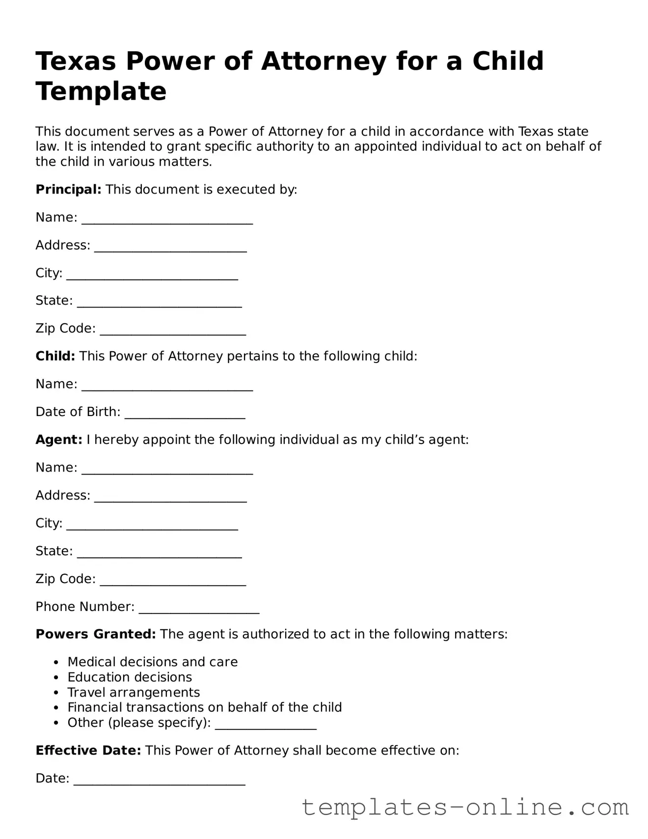 Valid  Power of Attorney for a Child Template for Texas