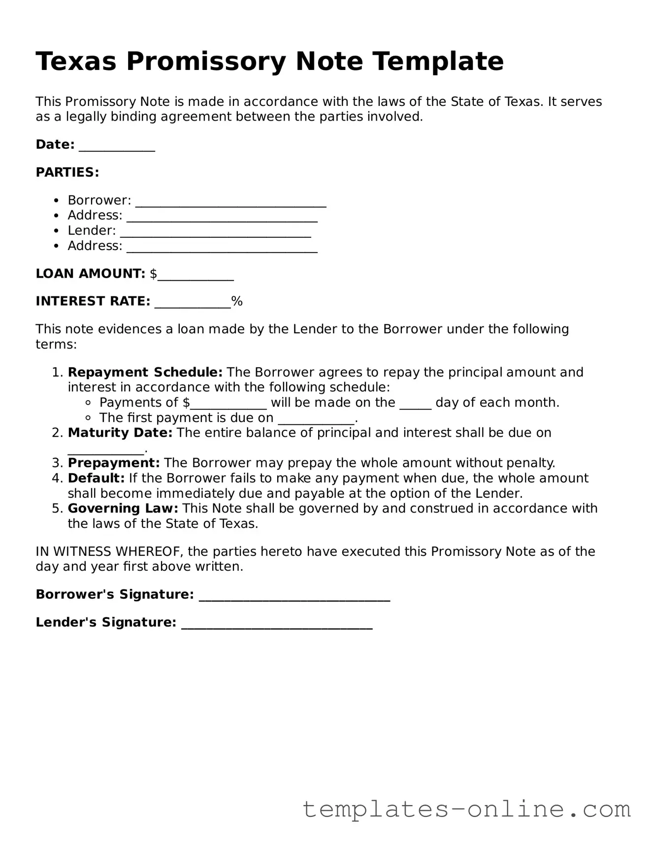 Valid  Promissory Note Template for Texas