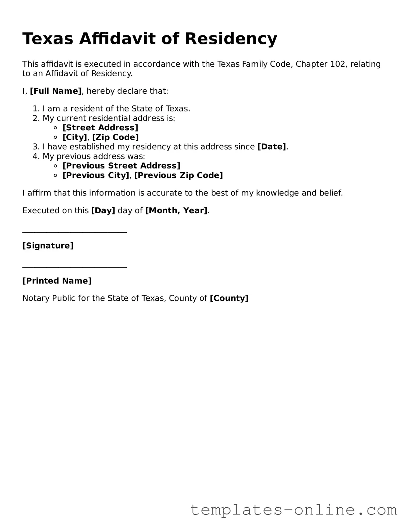 Valid  Affidavit of Residency Template for Texas
