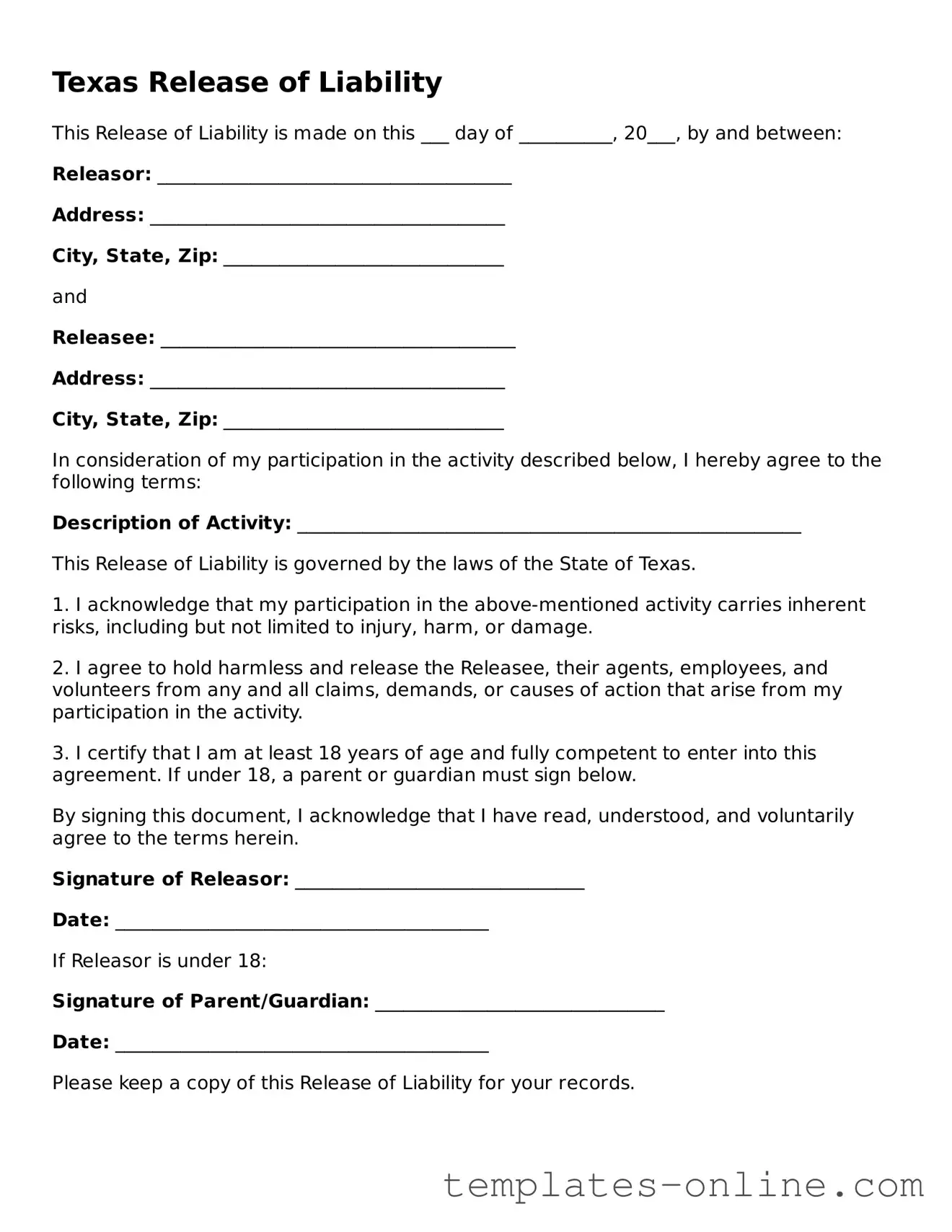 Valid  Release of Liability Template for Texas