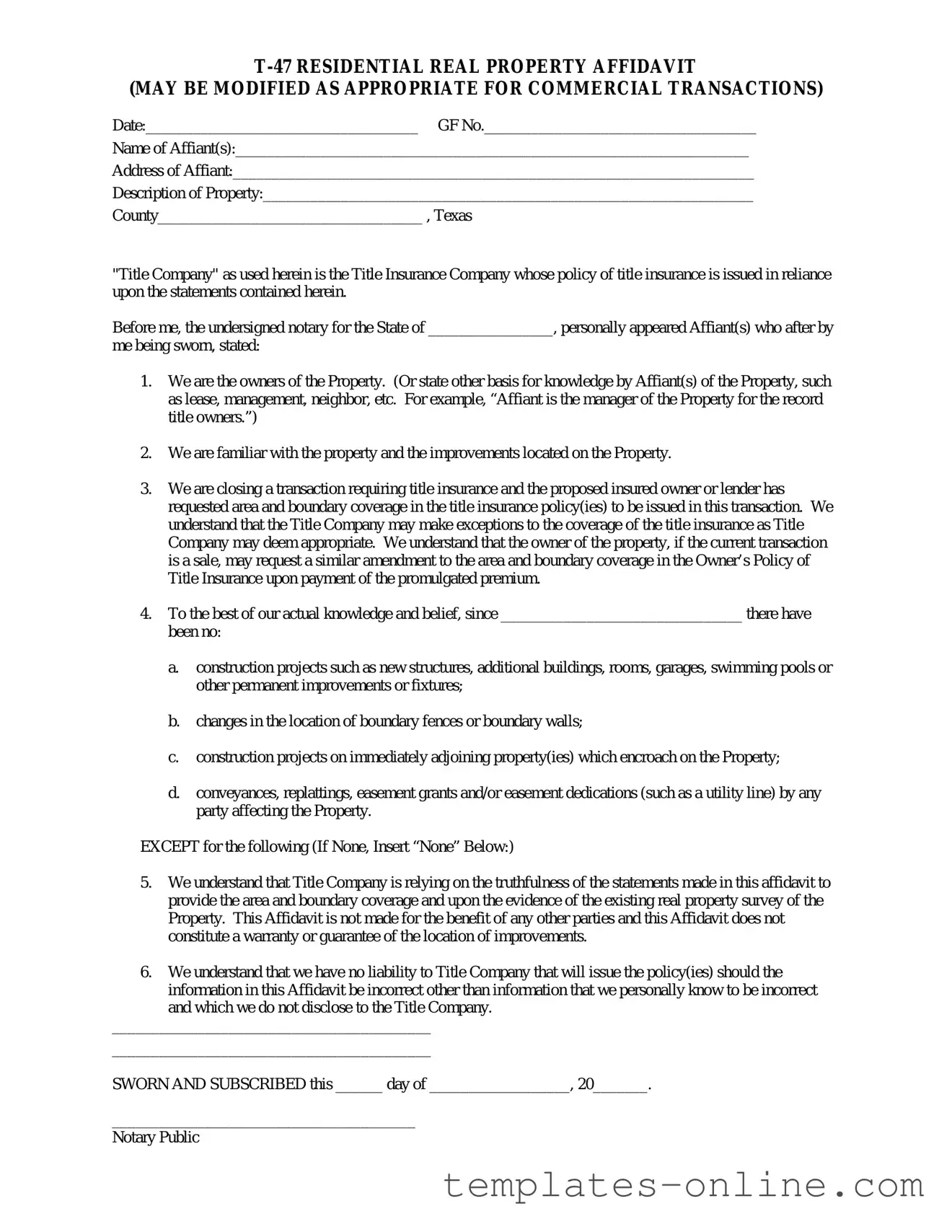 Texas residential property affidavit T-47 Template