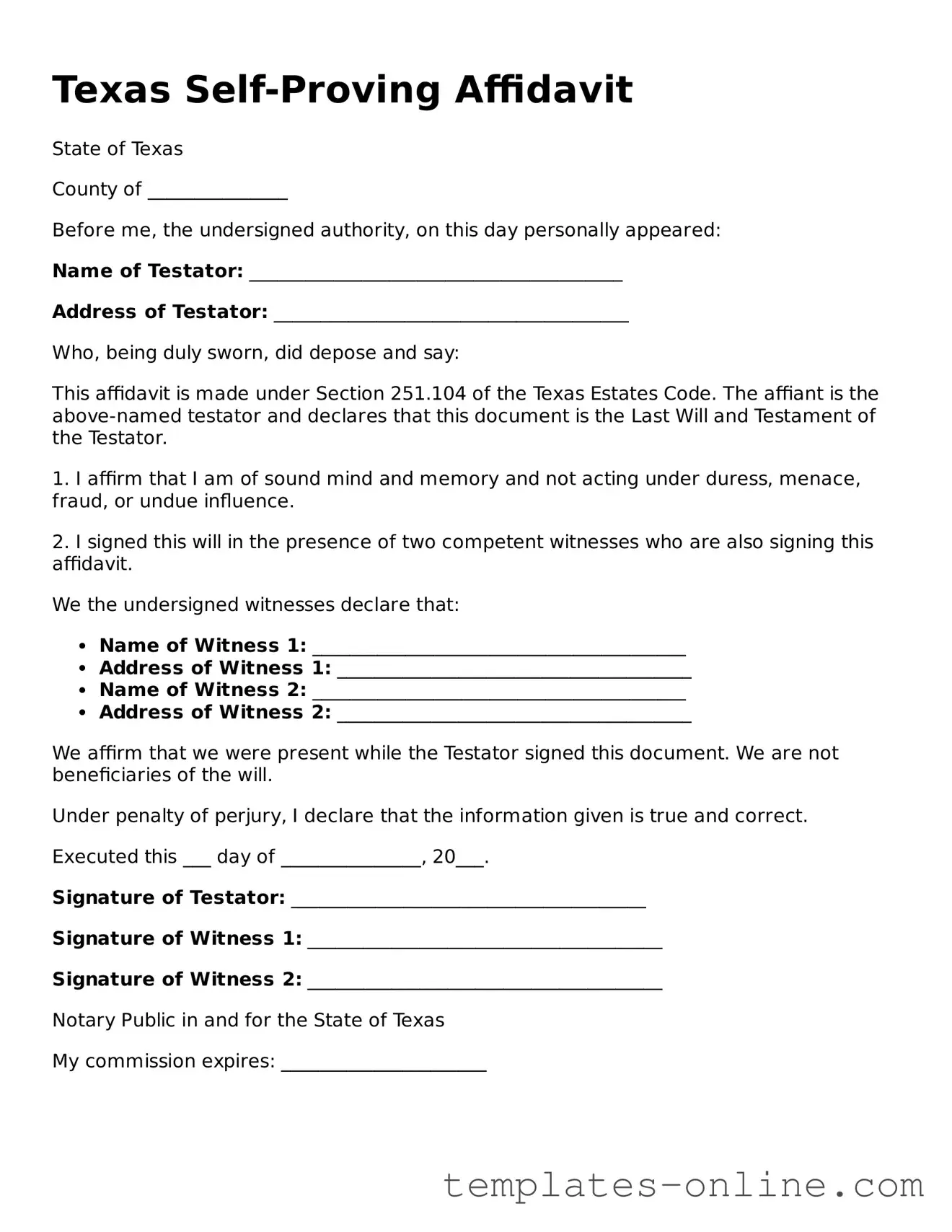 Valid  Self-Proving Affidavit Template for Texas