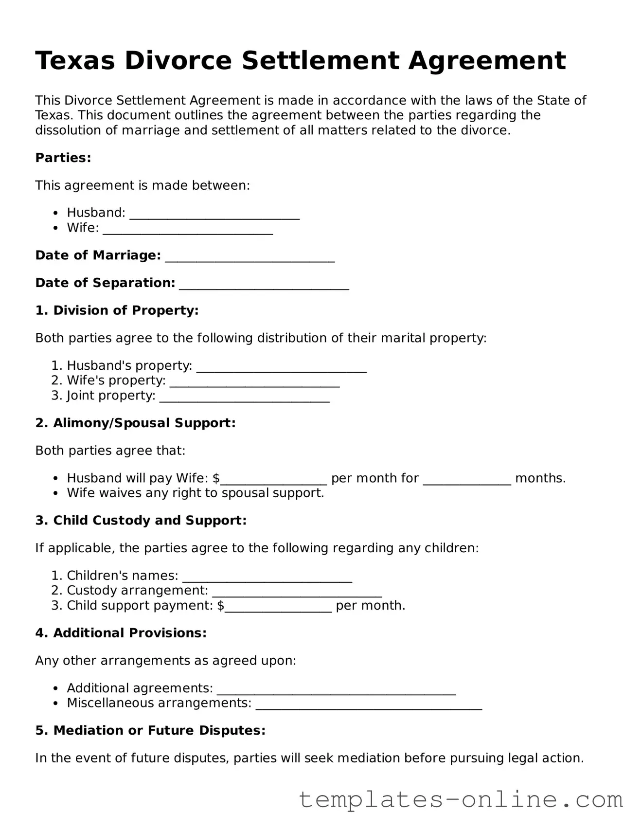 Valid  Divorce Settlement Agreement Template for Texas