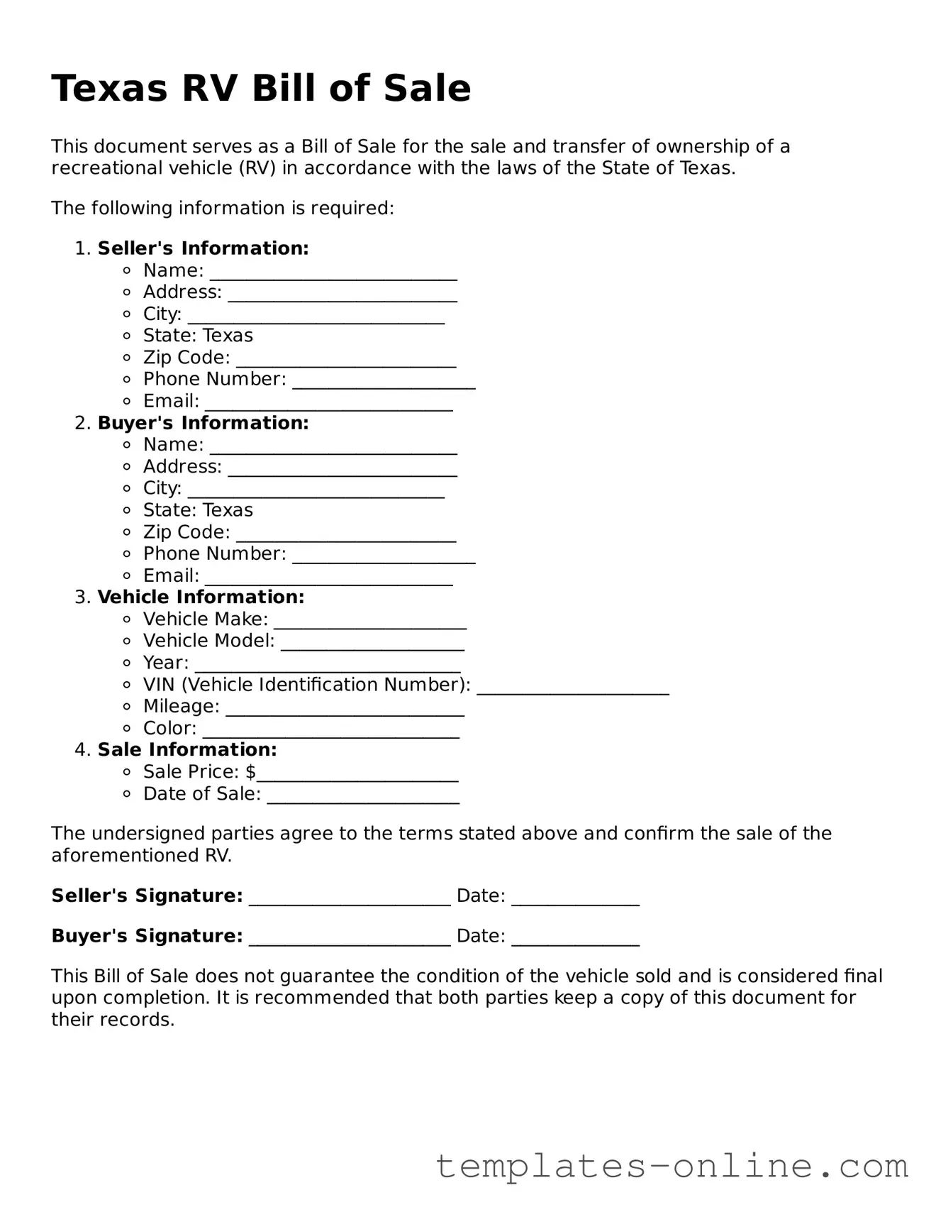 Valid  RV Bill of Sale Template for Texas