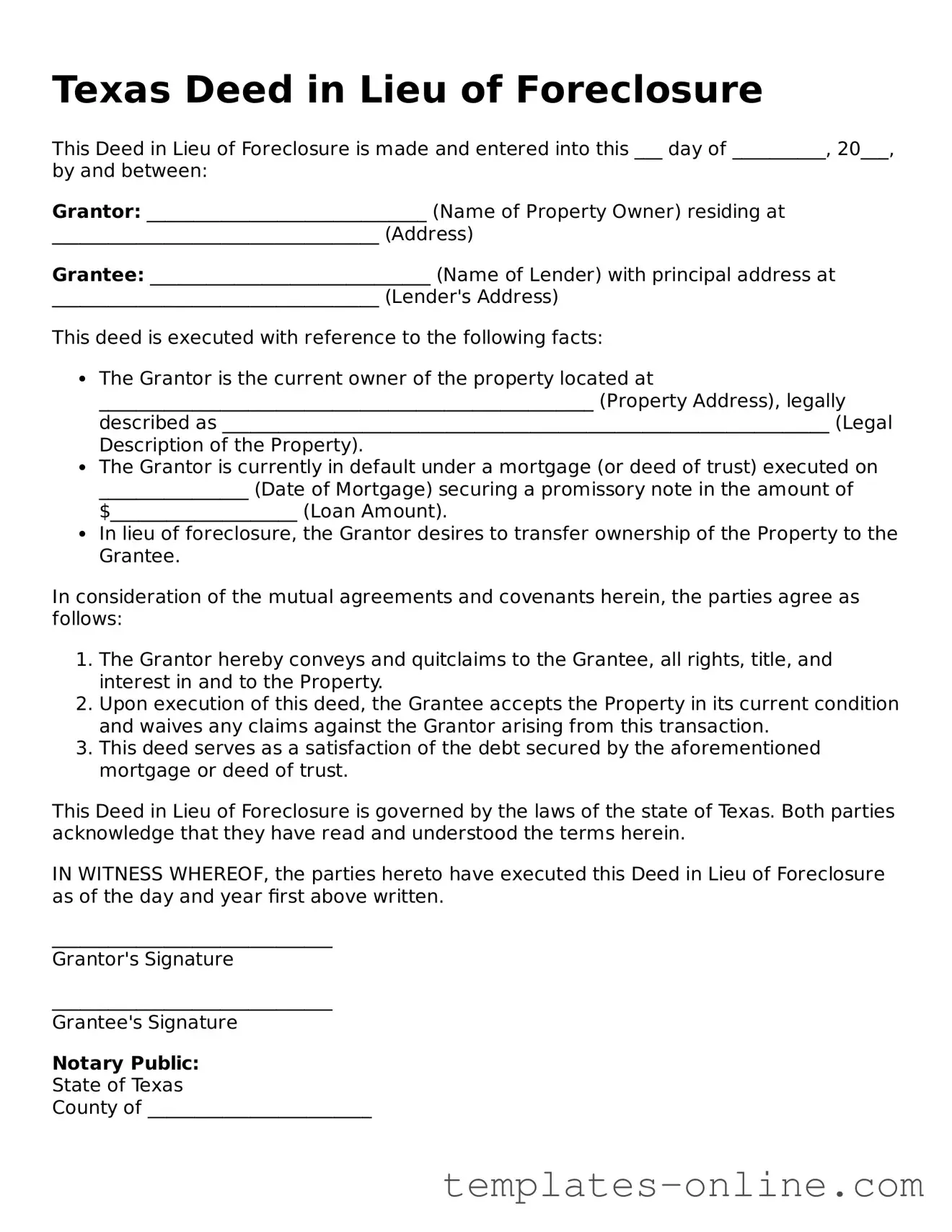 Valid  Deed in Lieu of Foreclosure Template for Texas