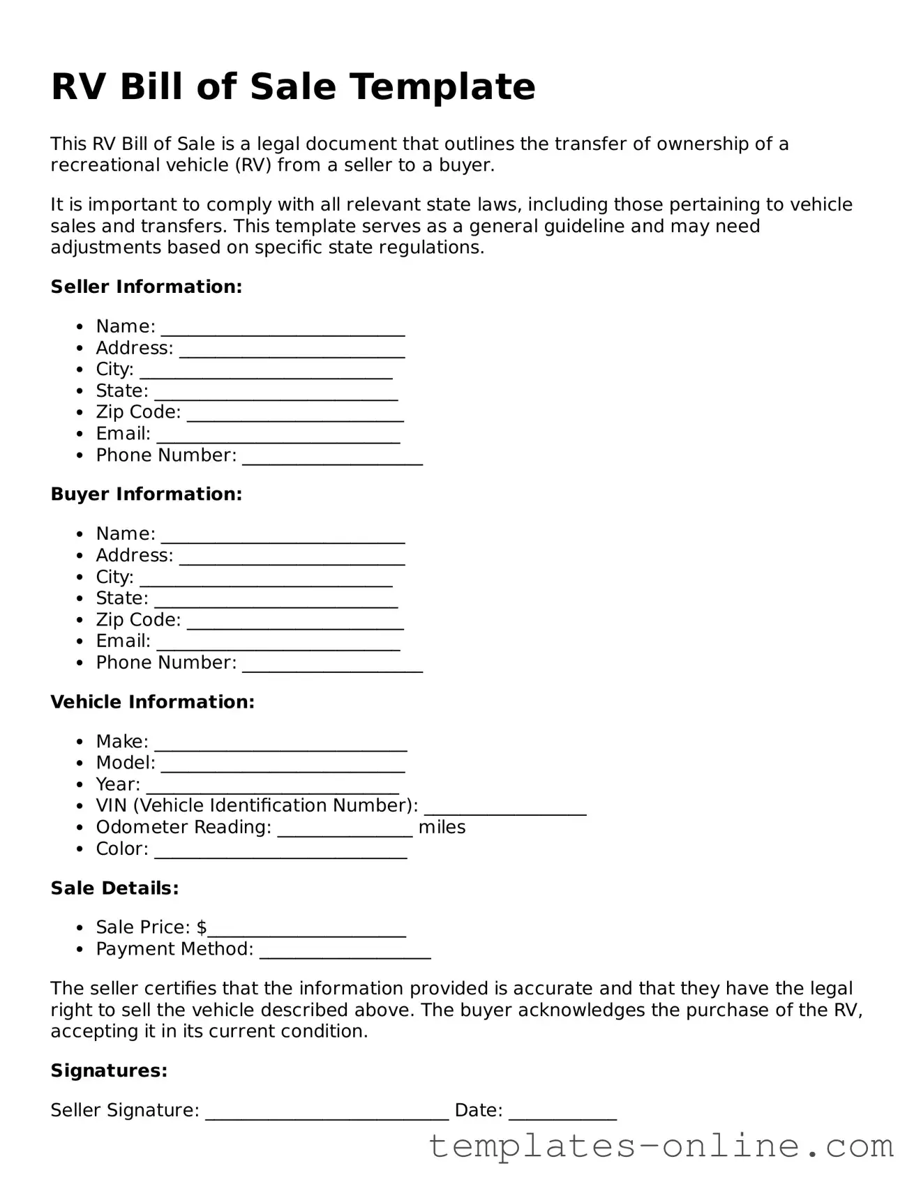 Attorney-Verified RV Bill of Sale Template