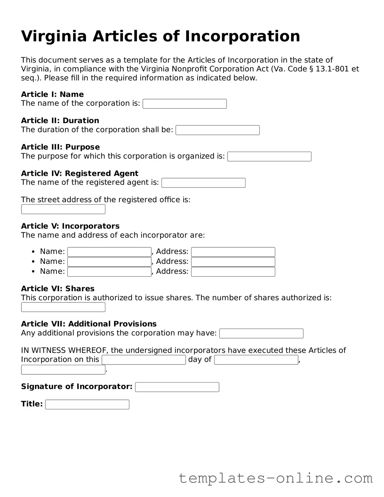 Valid  Articles of Incorporation Template for Virginia