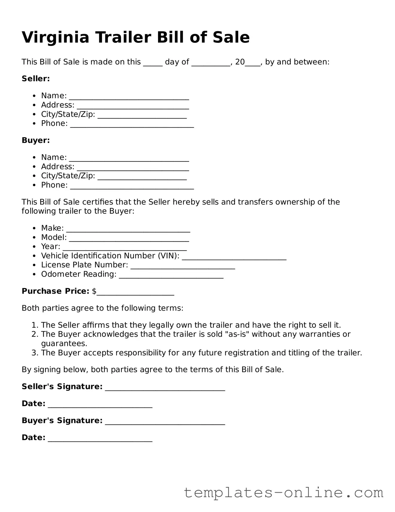 Valid  Trailer Bill of Sale Template for Virginia