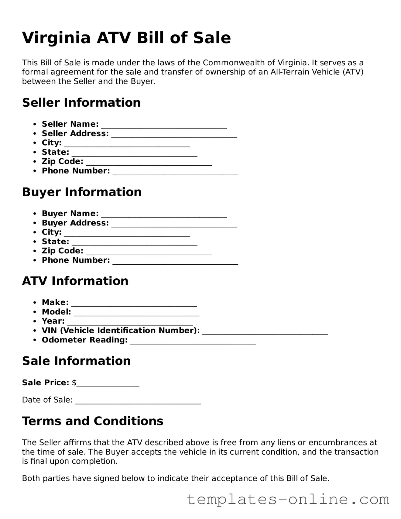 Valid  ATV Bill of Sale Template for Virginia