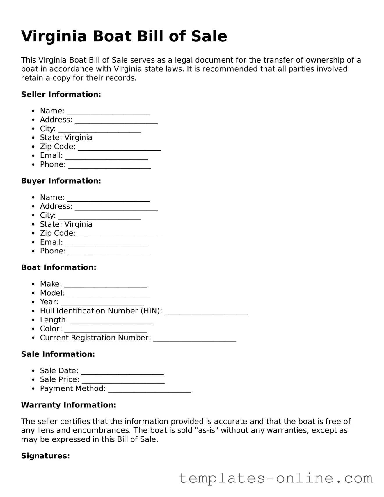 Valid  Boat Bill of Sale Template for Virginia