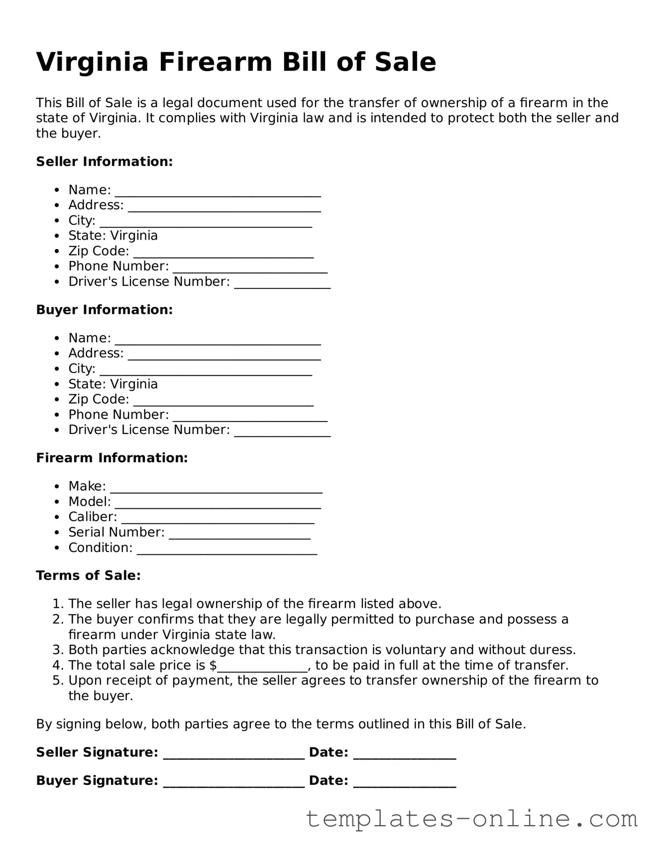 Valid  Firearm Bill of Sale Template for Virginia