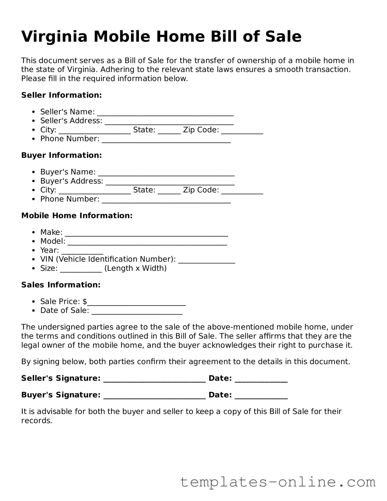 Valid  Mobile Home Bill of Sale Template for Virginia